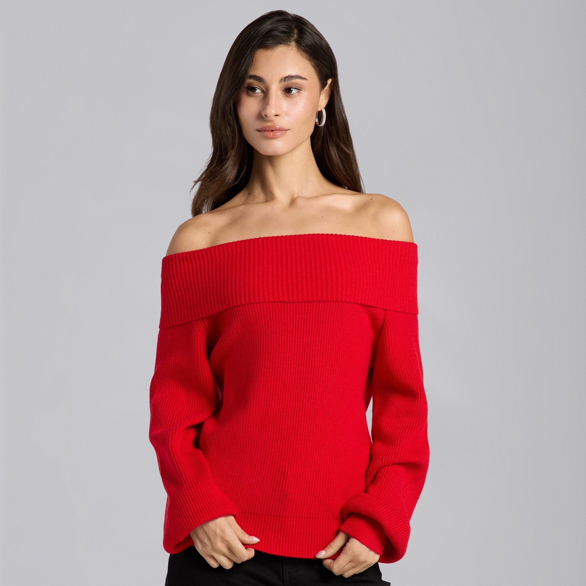 Cherry Red Knit Fold Off Shoulder Balloon Sleeve Sweater - shopaleena
