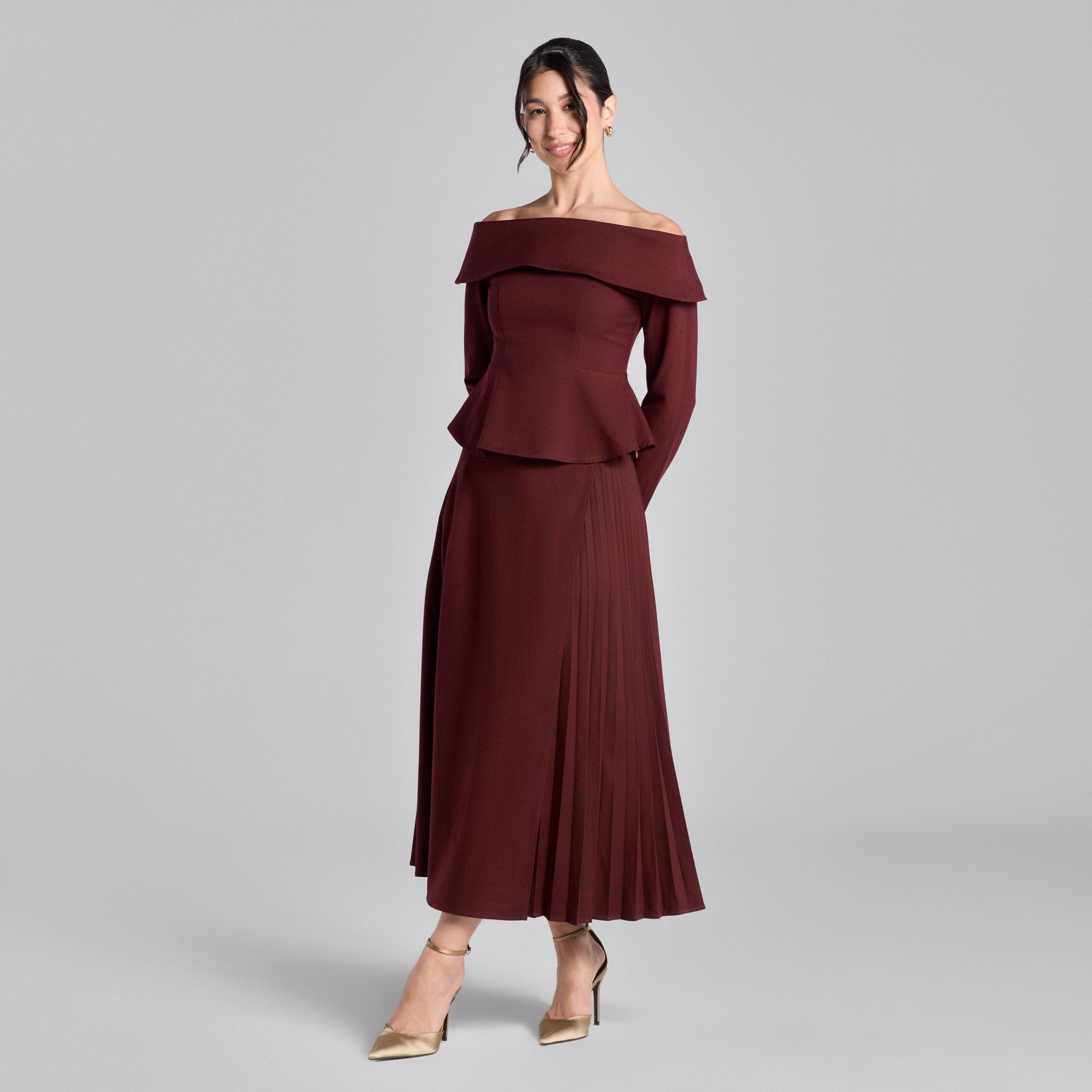 Cherry Red Off - Shoulder Wool Peplum Top - shopaleena