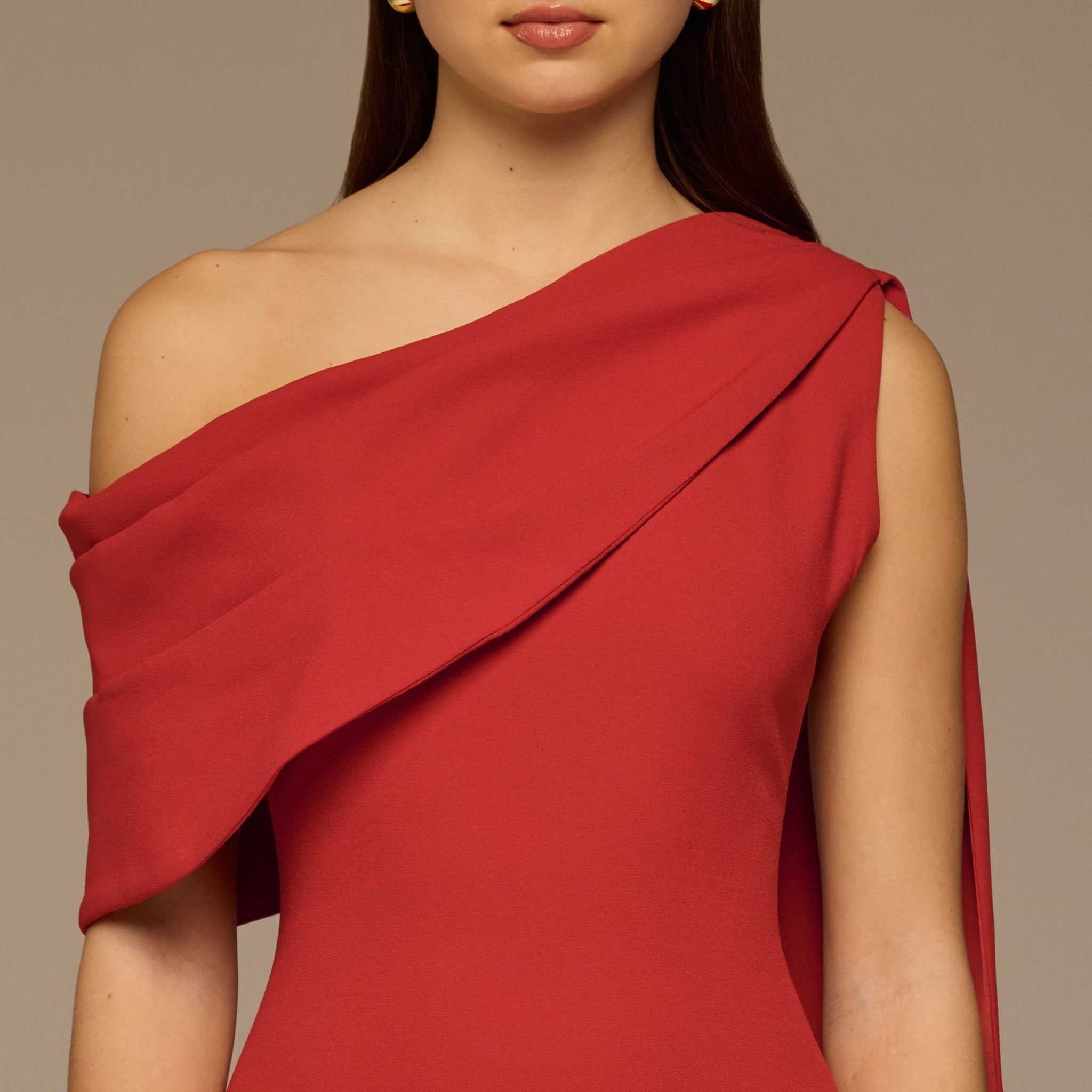 Cherry Red One - Shoulder Crepe and Satin Dress - shopaleena