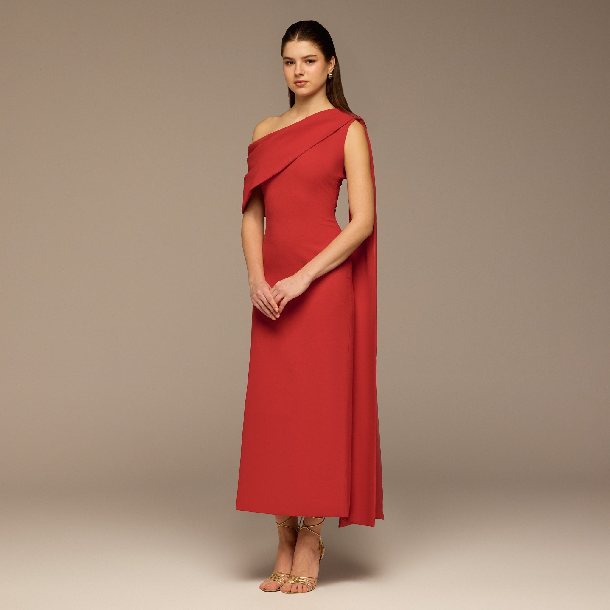 Cherry Red One - Shoulder Crepe and Satin Dress - shopaleena
