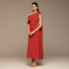 Cherry Red One - Shoulder Crepe and Satin Dress - shopaleena