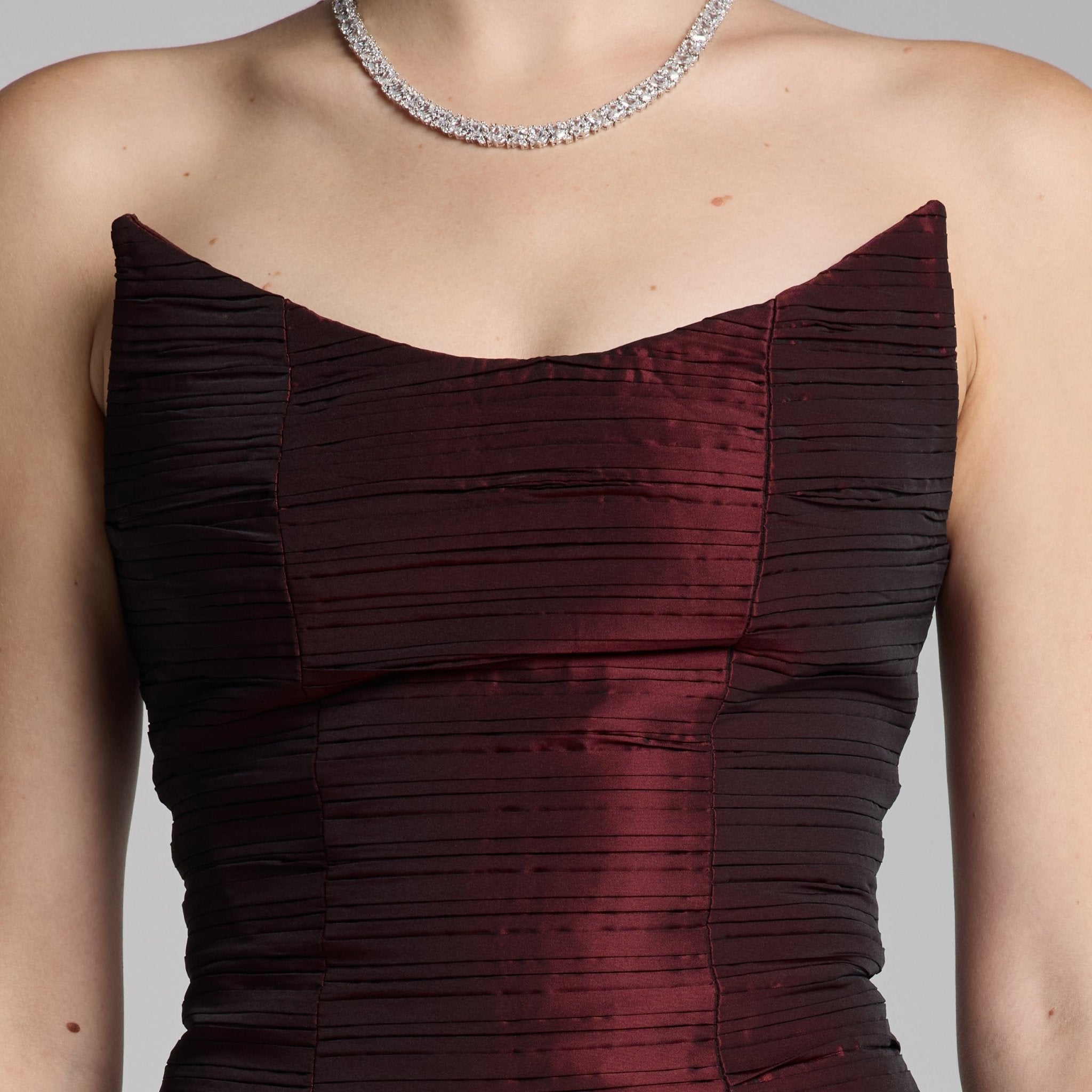 Cherry Red Strapless Ruched Taffeta Gown - shopaleena