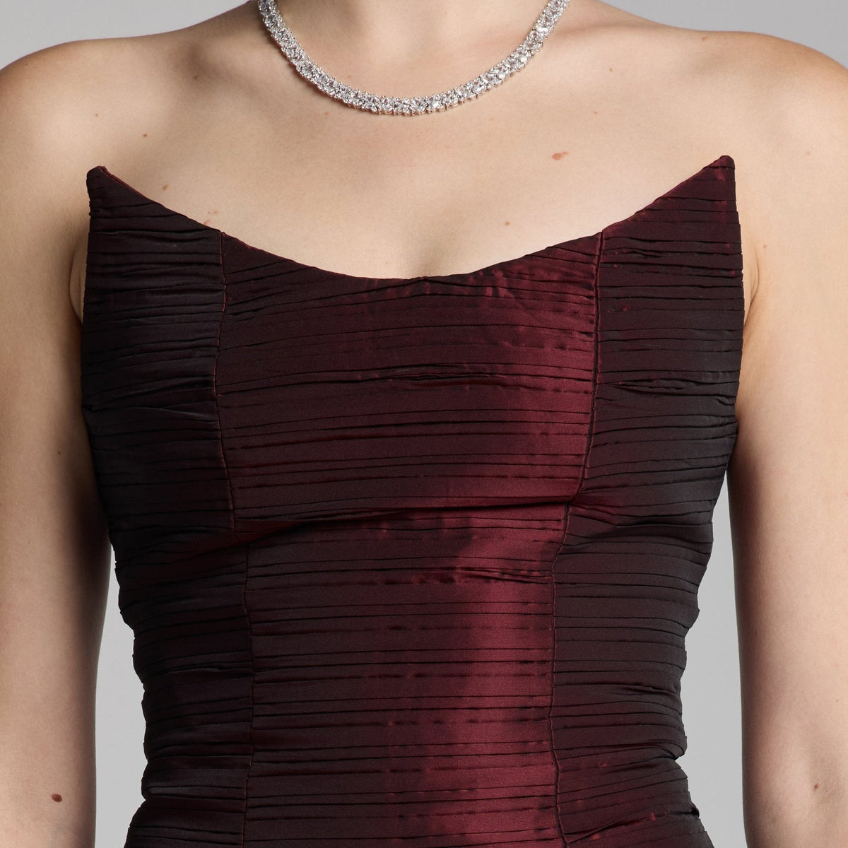 Cherry Red Strapless Ruched Taffeta Gown - shopaleena