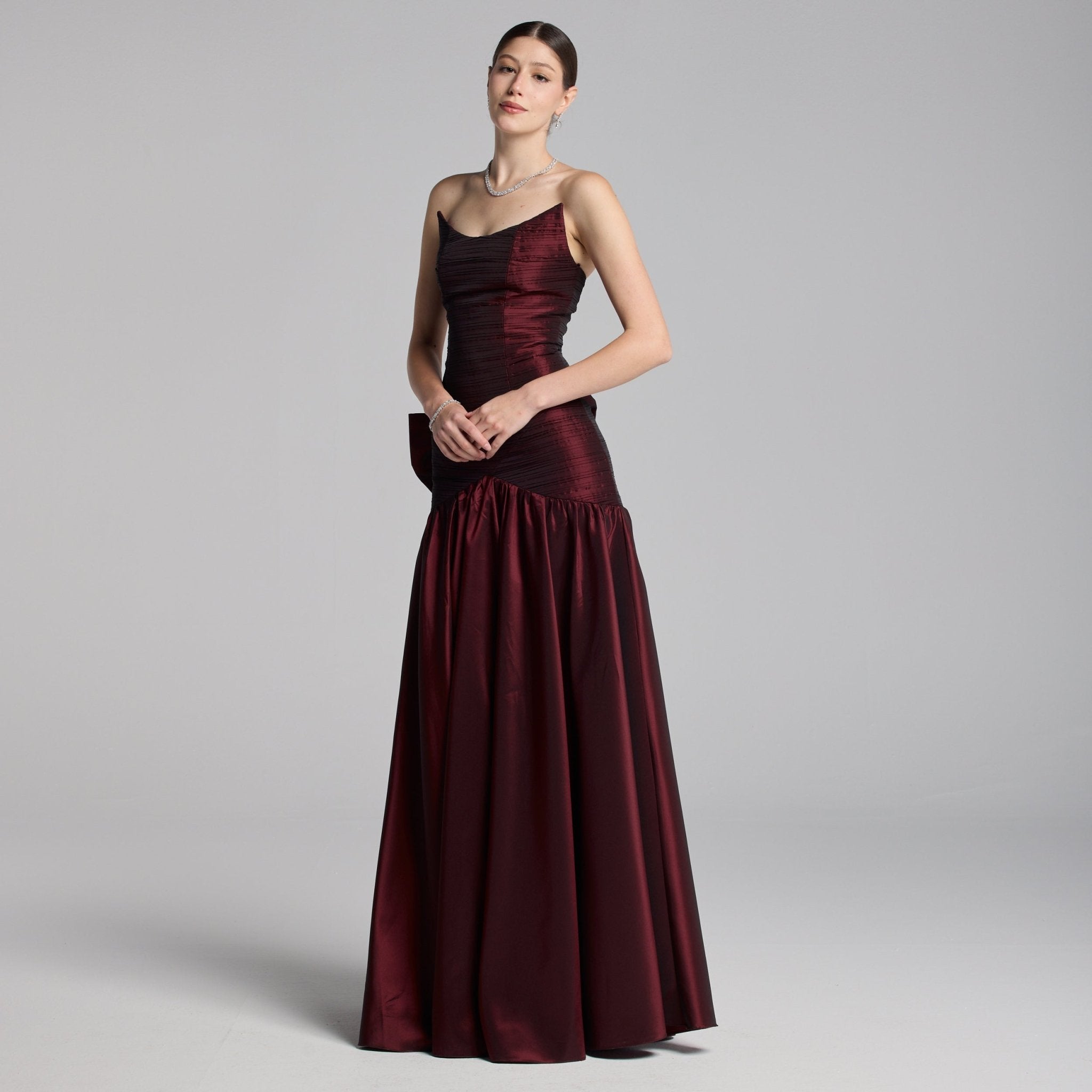 Cherry Red Strapless Ruched Taffeta Gown - shopaleena