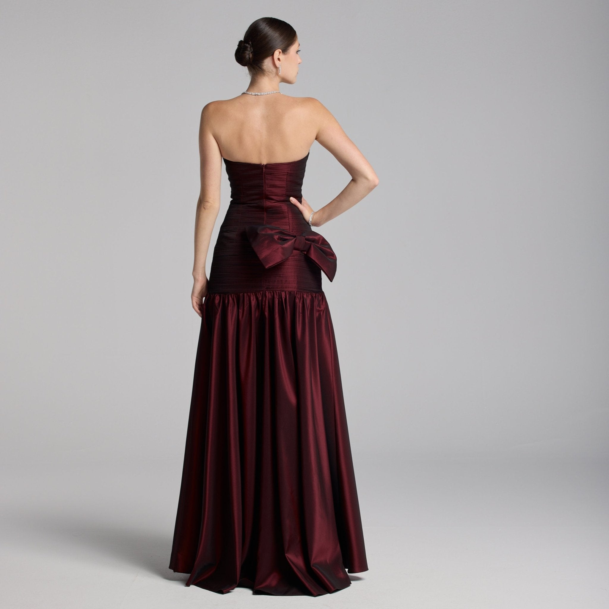Cherry Red Strapless Ruched Taffeta Gown - shopaleena