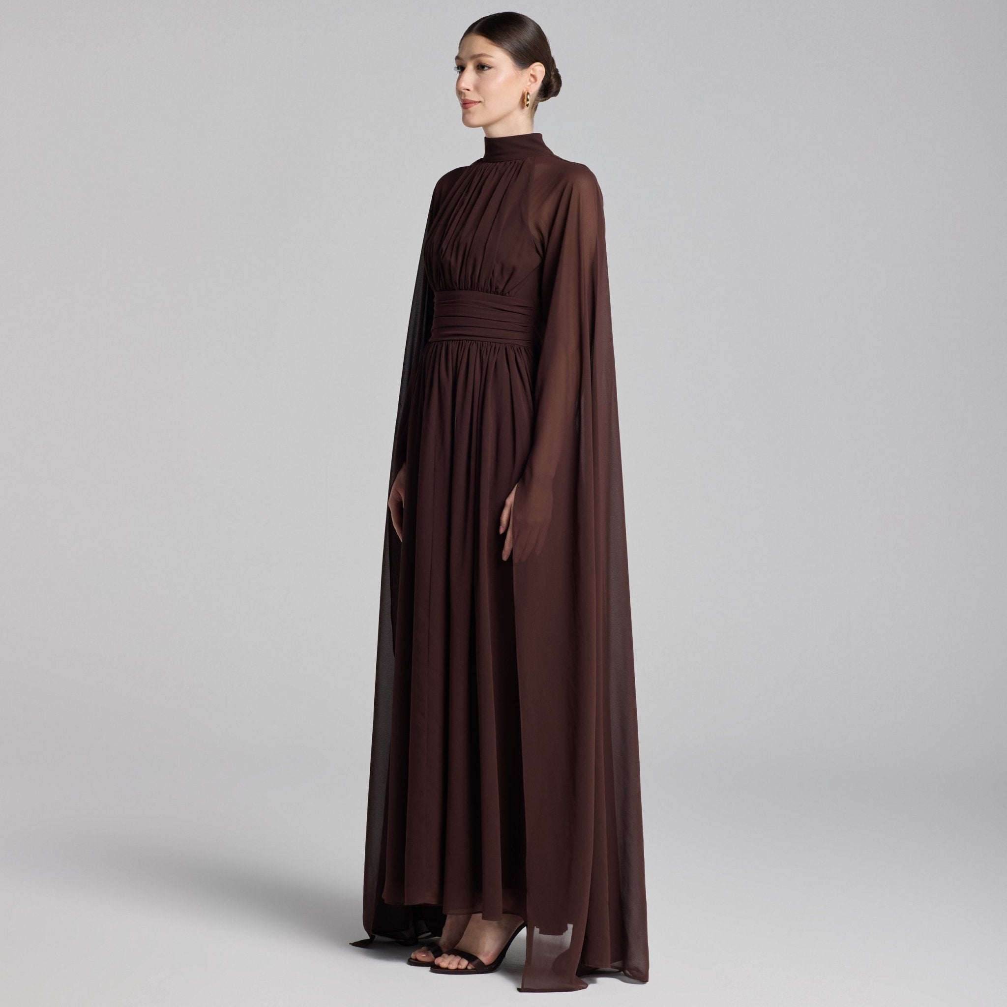 Chiffon High Neck Draped Maxi Dress - shopaleena