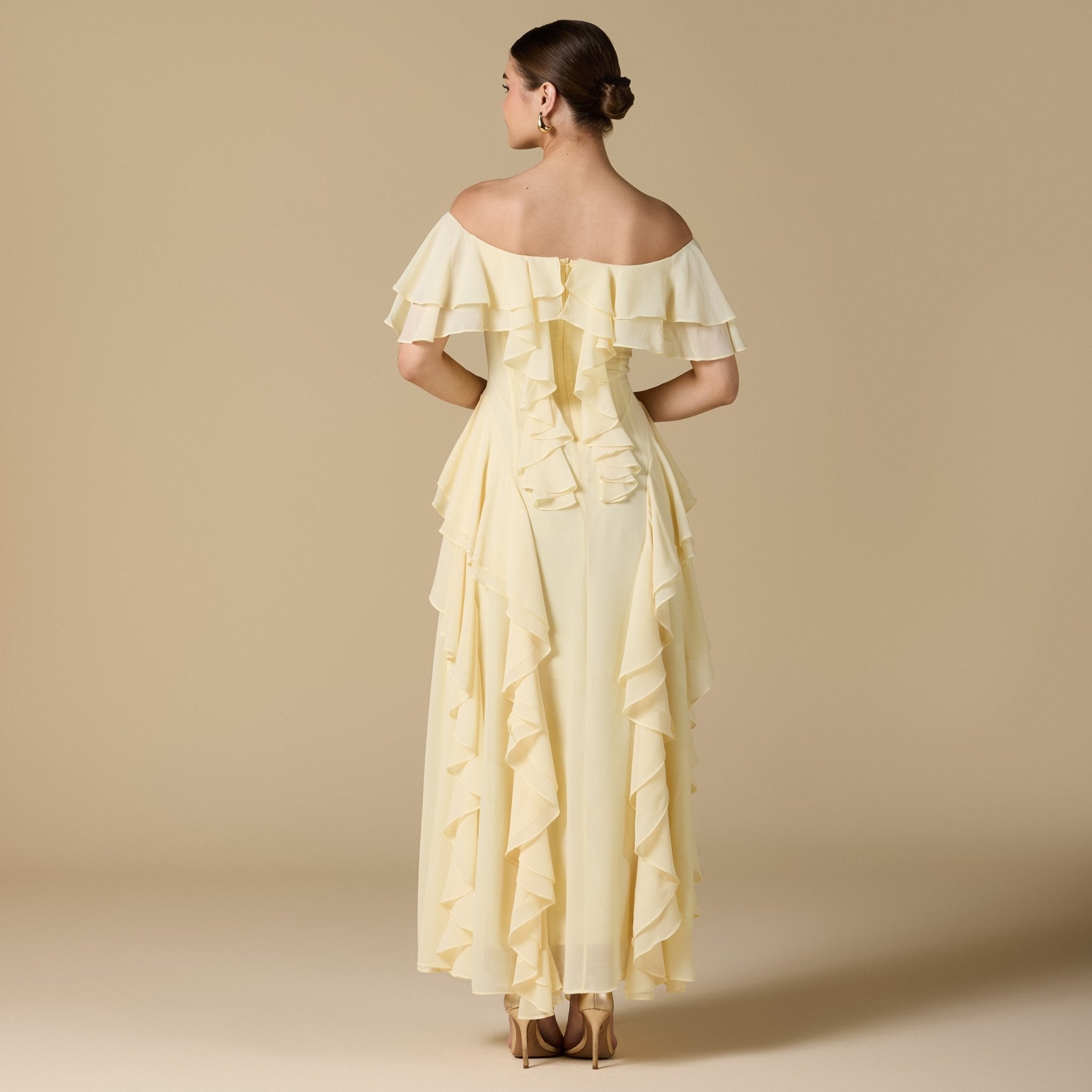 Chiffon Off Shoulder Maxi Dress With Ruffles - shopaleena