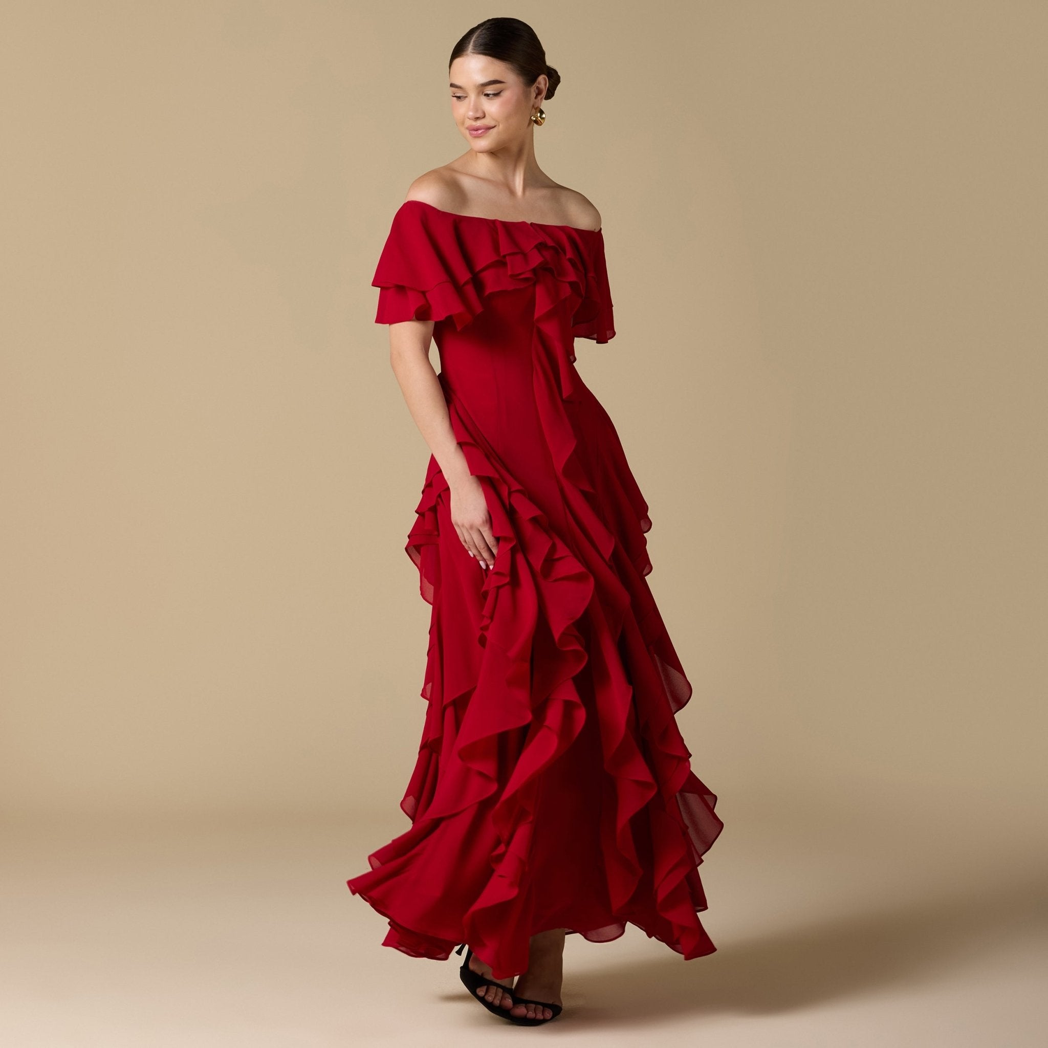 Chiffon Off Shoulder Maxi Dress With Ruffles - shopaleena