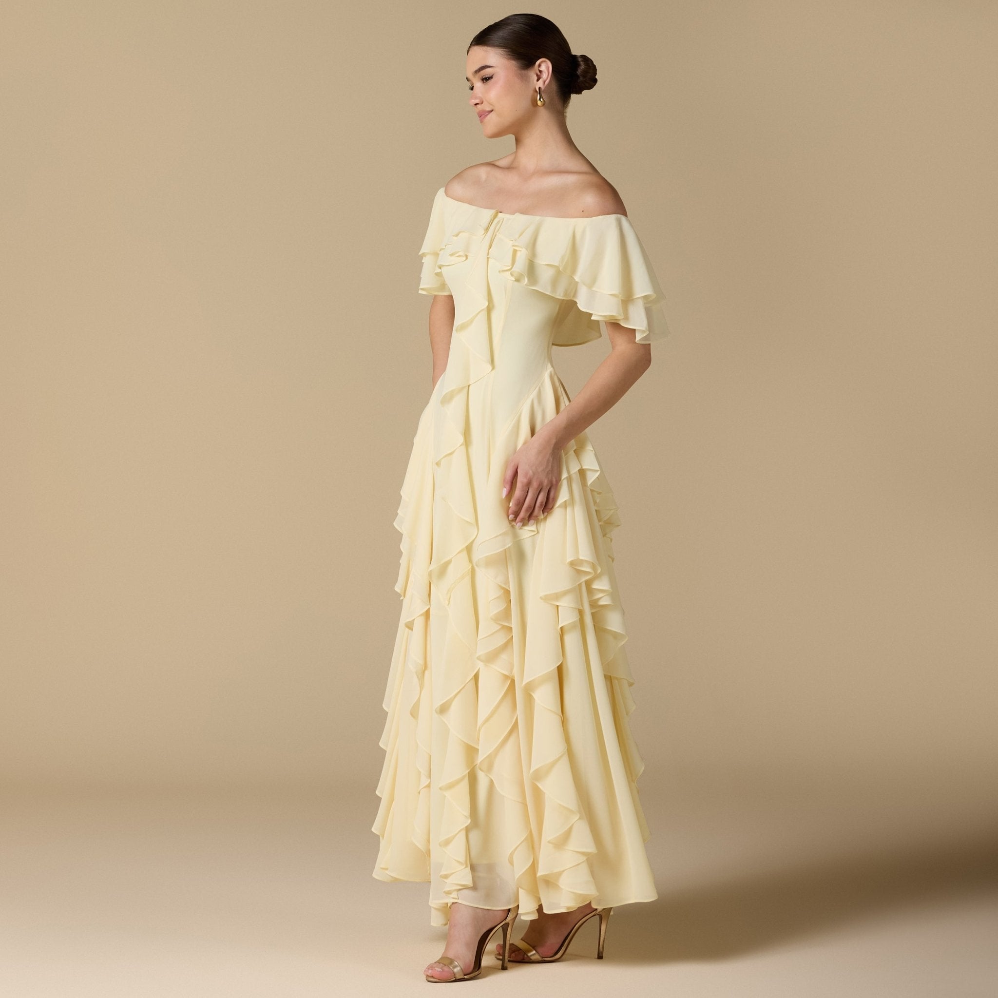 Chiffon Off Shoulder Maxi Dress With Ruffles - shopaleena