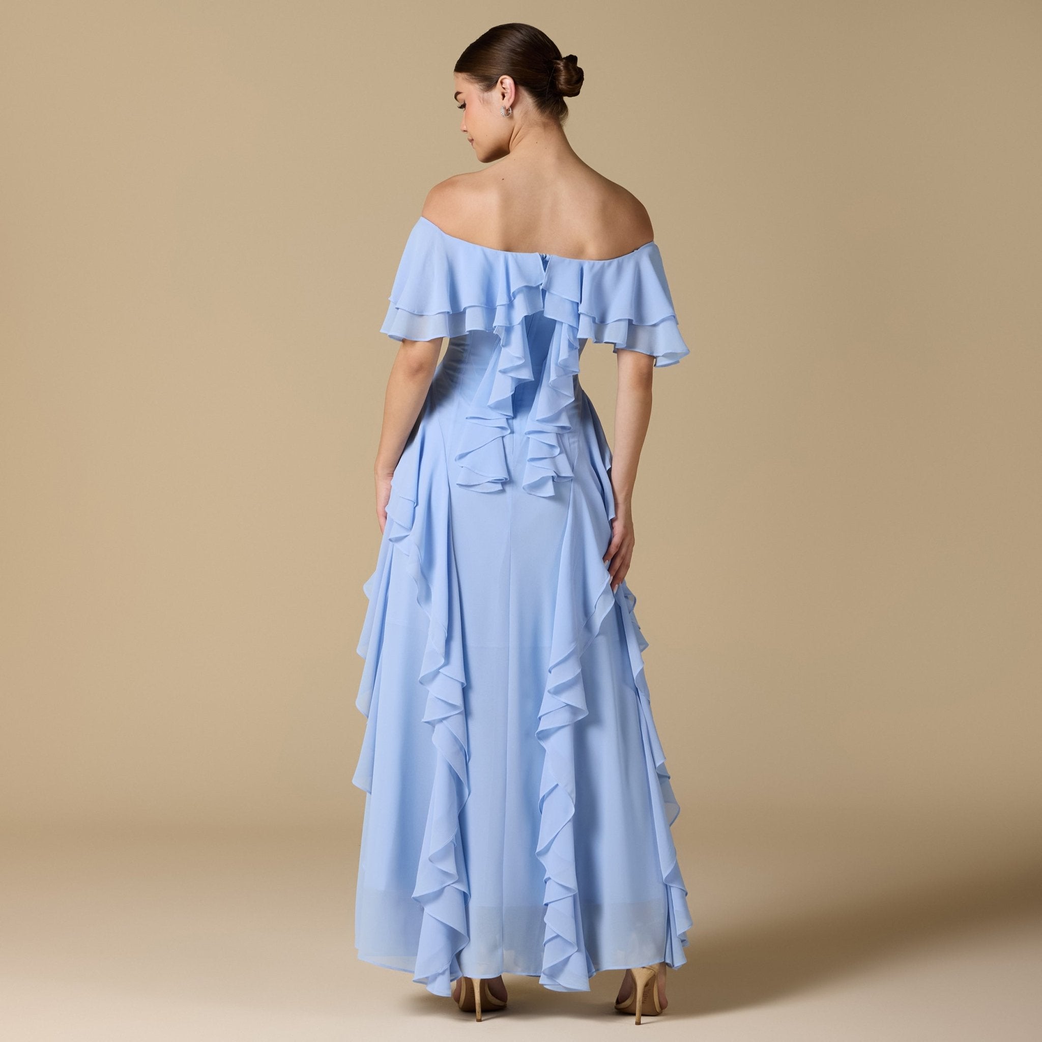Chiffon Off Shoulder Maxi Dress With Ruffles - shopaleena