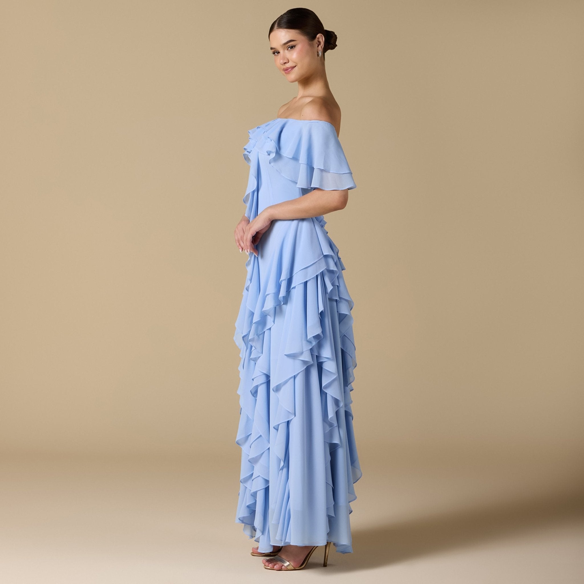 Chiffon Off Shoulder Maxi Dress With Ruffles - shopaleena
