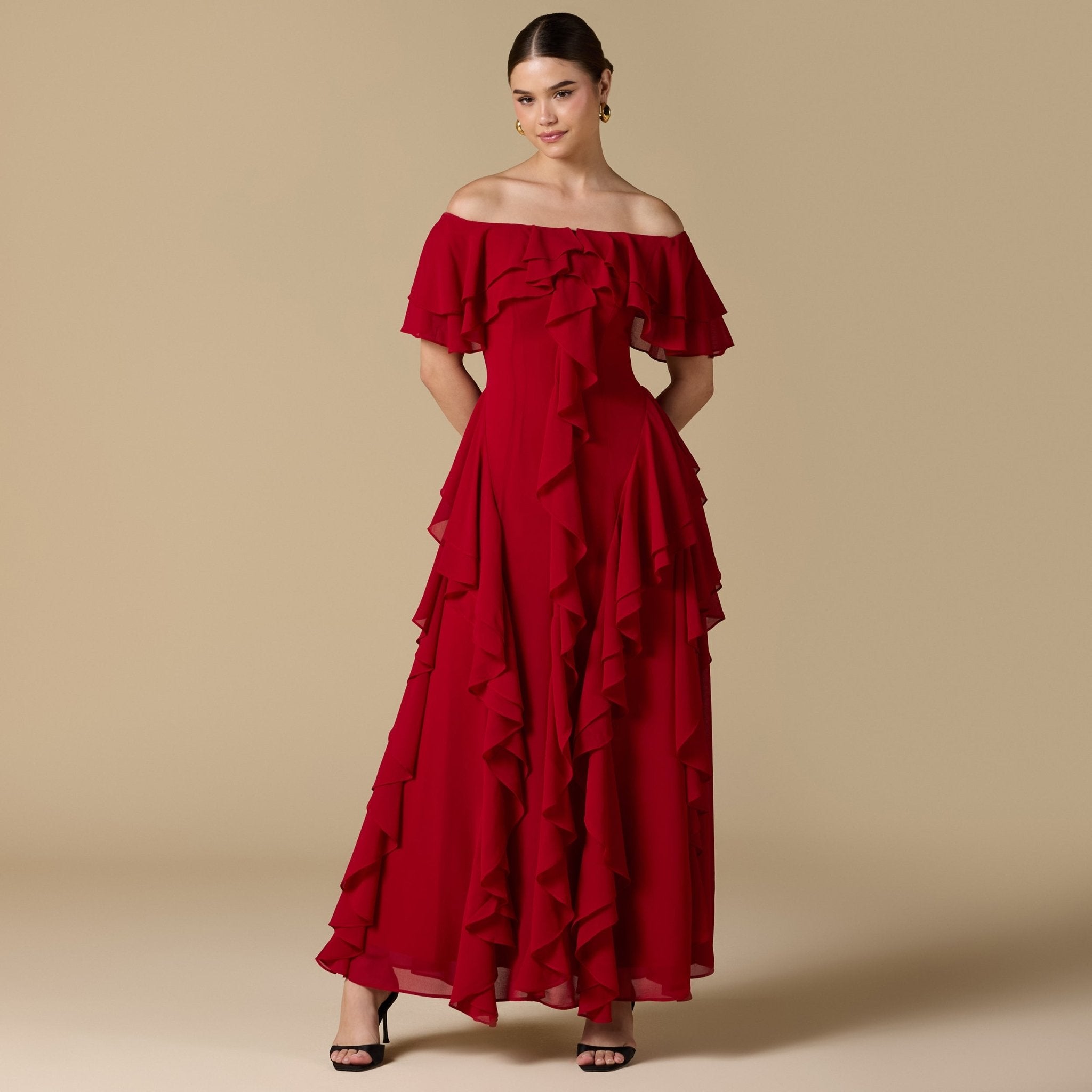 Chiffon Off Shoulder Maxi Dress With Ruffles - shopaleena