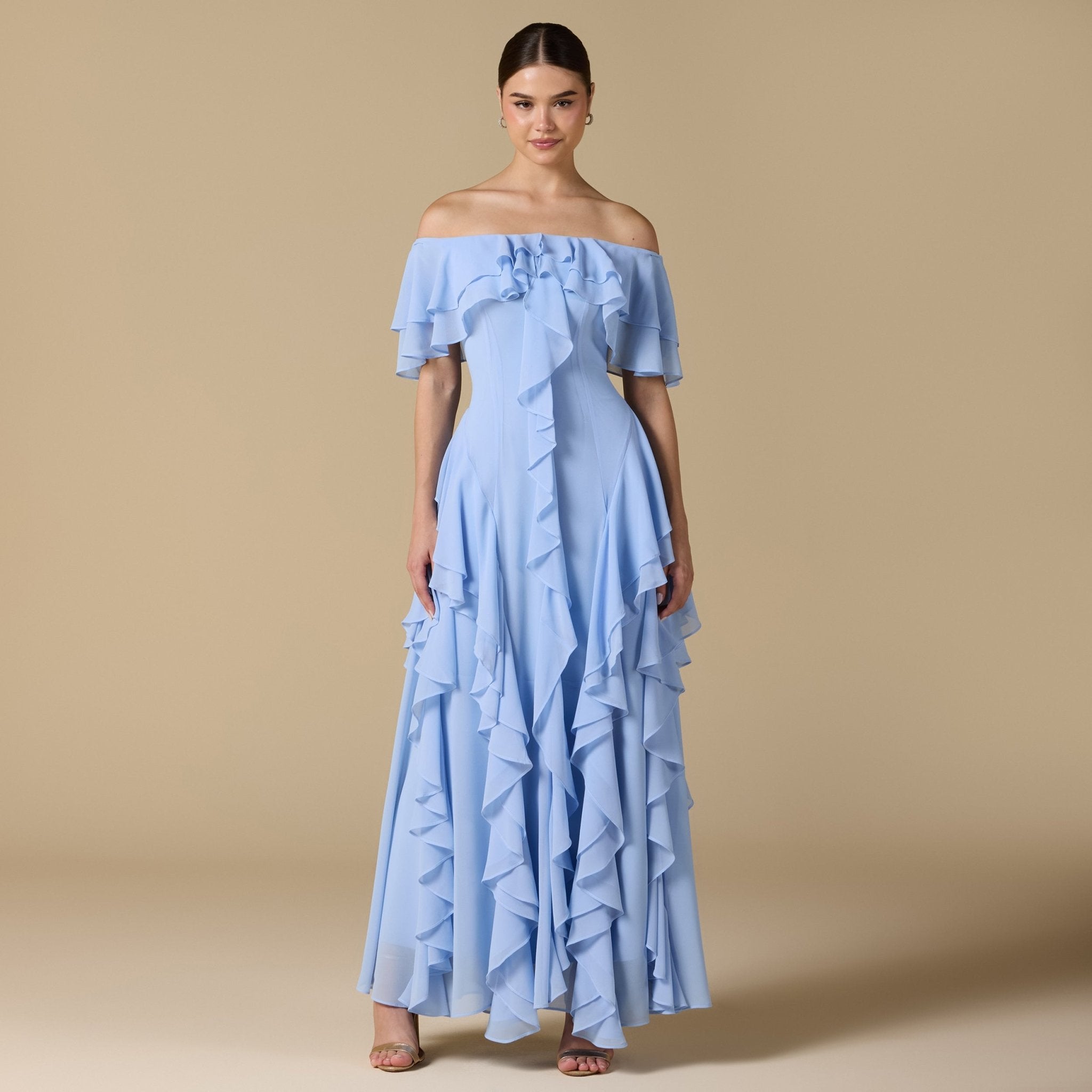 Chiffon Off Shoulder Maxi Dress With Ruffles - shopaleena