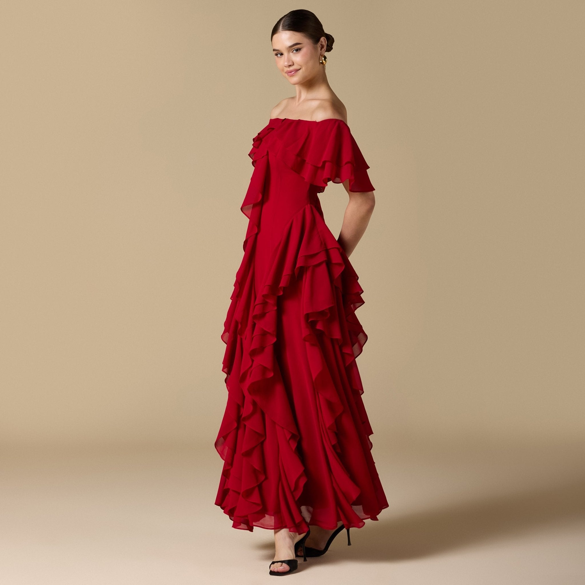 Chiffon Off Shoulder Maxi Dress With Ruffles - shopaleena