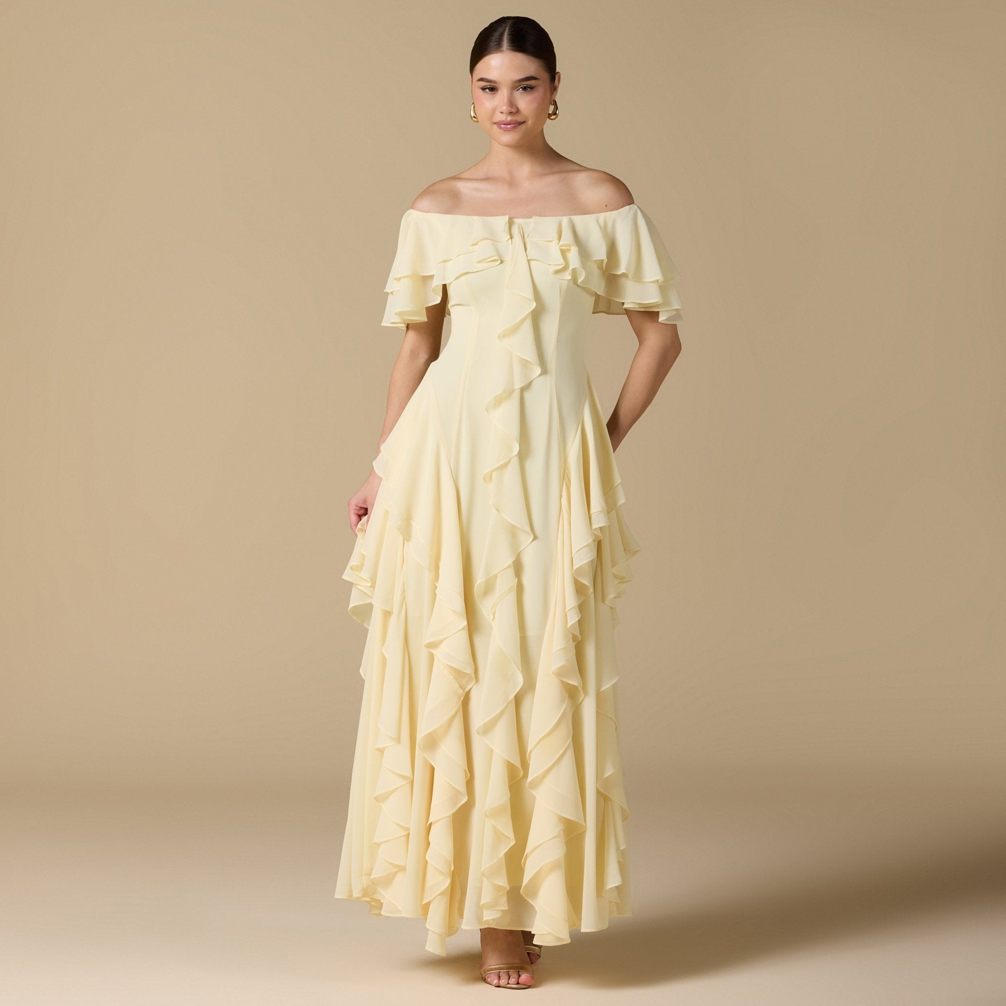 Chiffon Off Shoulder Maxi Dress With Ruffles - shopaleena