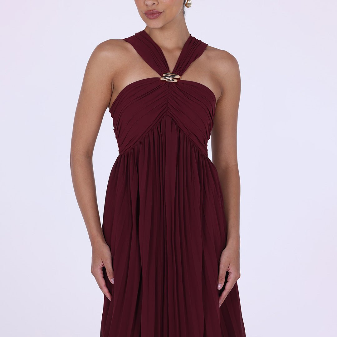 Chiffon Pleated Gathered Chest Maxi Dress - shopaleena
