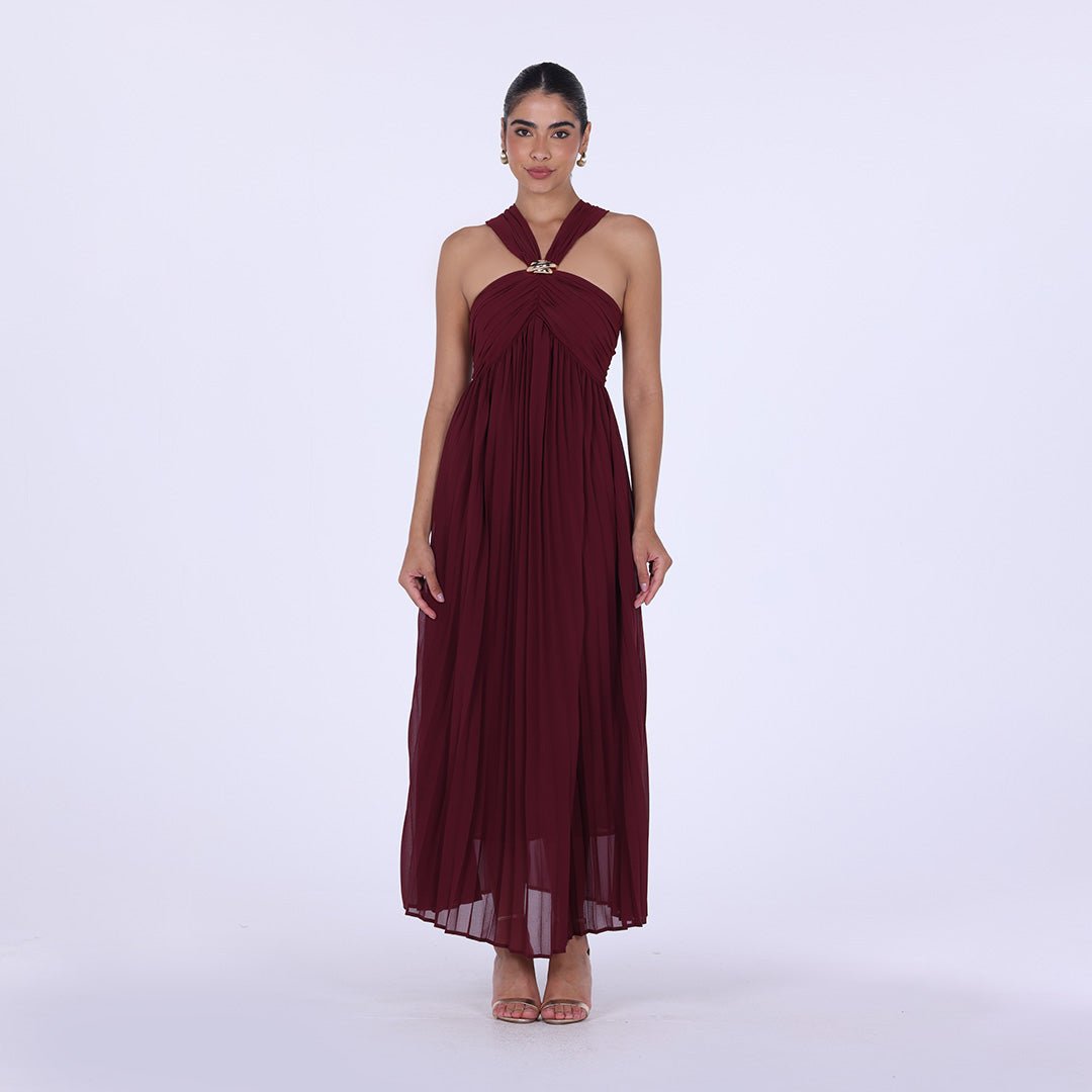 Chiffon Pleated Gathered Chest Maxi Dress - shopaleena