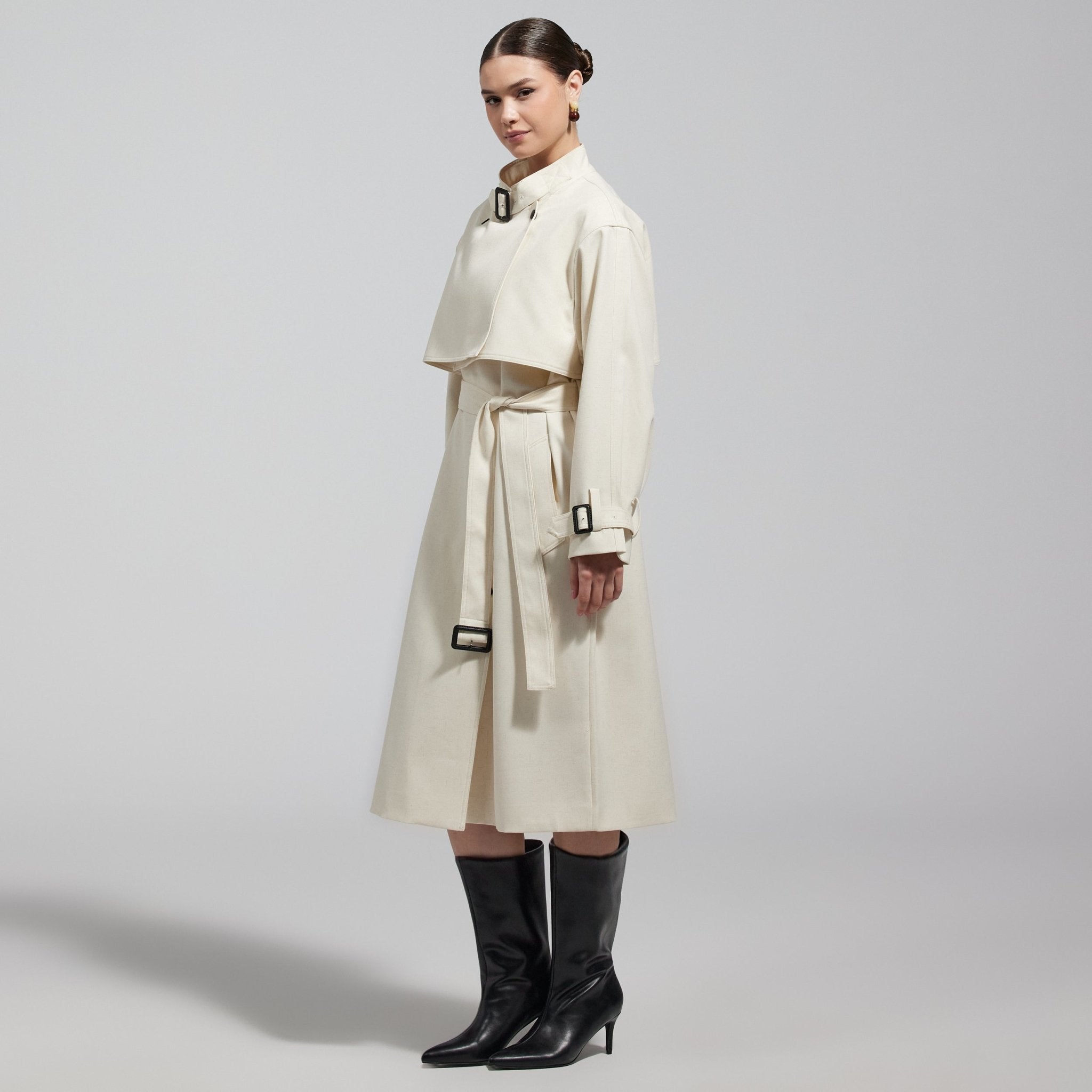 Cloud White High Collar Twill Trench Coat - shopaleena