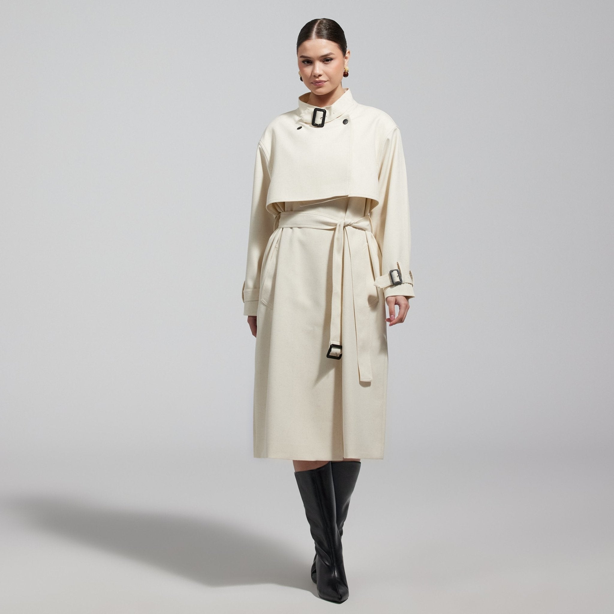 Cloud White High Collar Twill Trench Coat - shopaleena