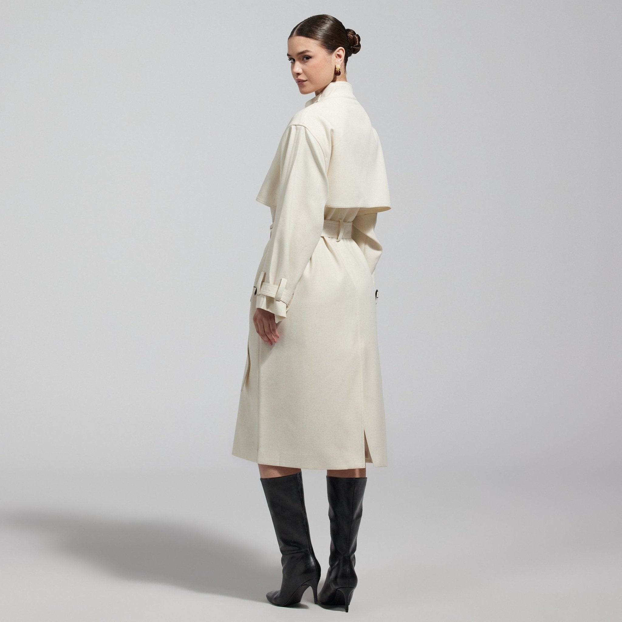Cloud White High Collar Twill Trench Coat - shopaleena
