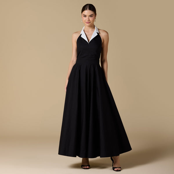 Black & White Collared Backless Poplin Maxi Dress – shopaleena