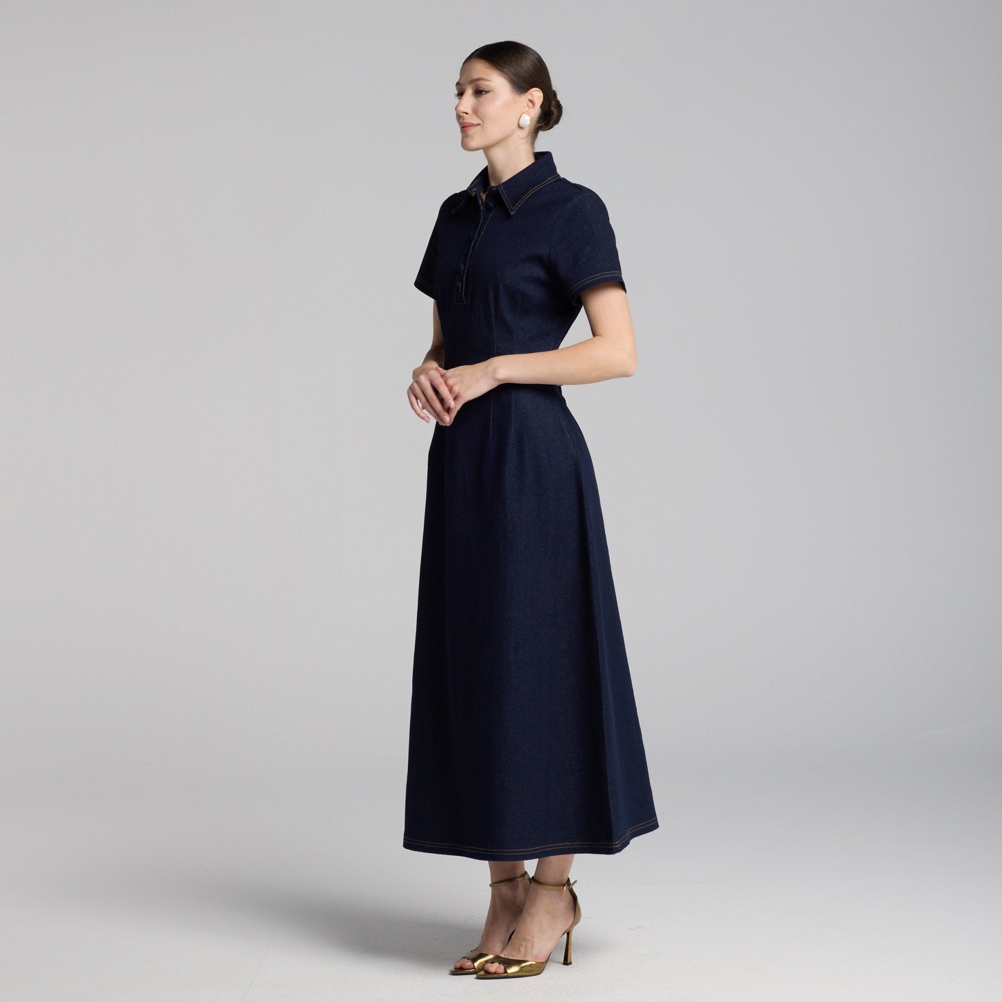 Collared Denim Midi Dress - shopaleena
