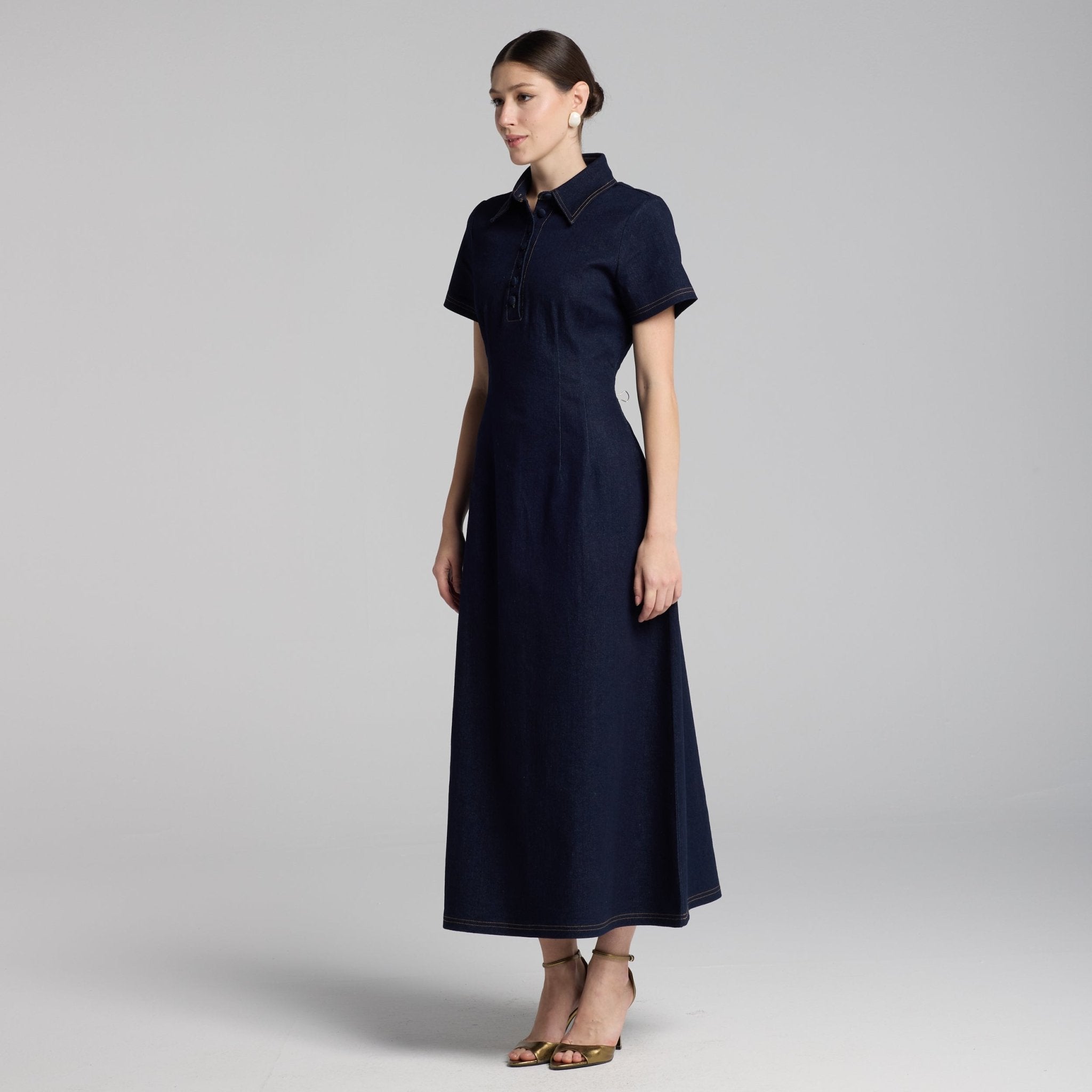 Collared Denim Midi Dress - shopaleena