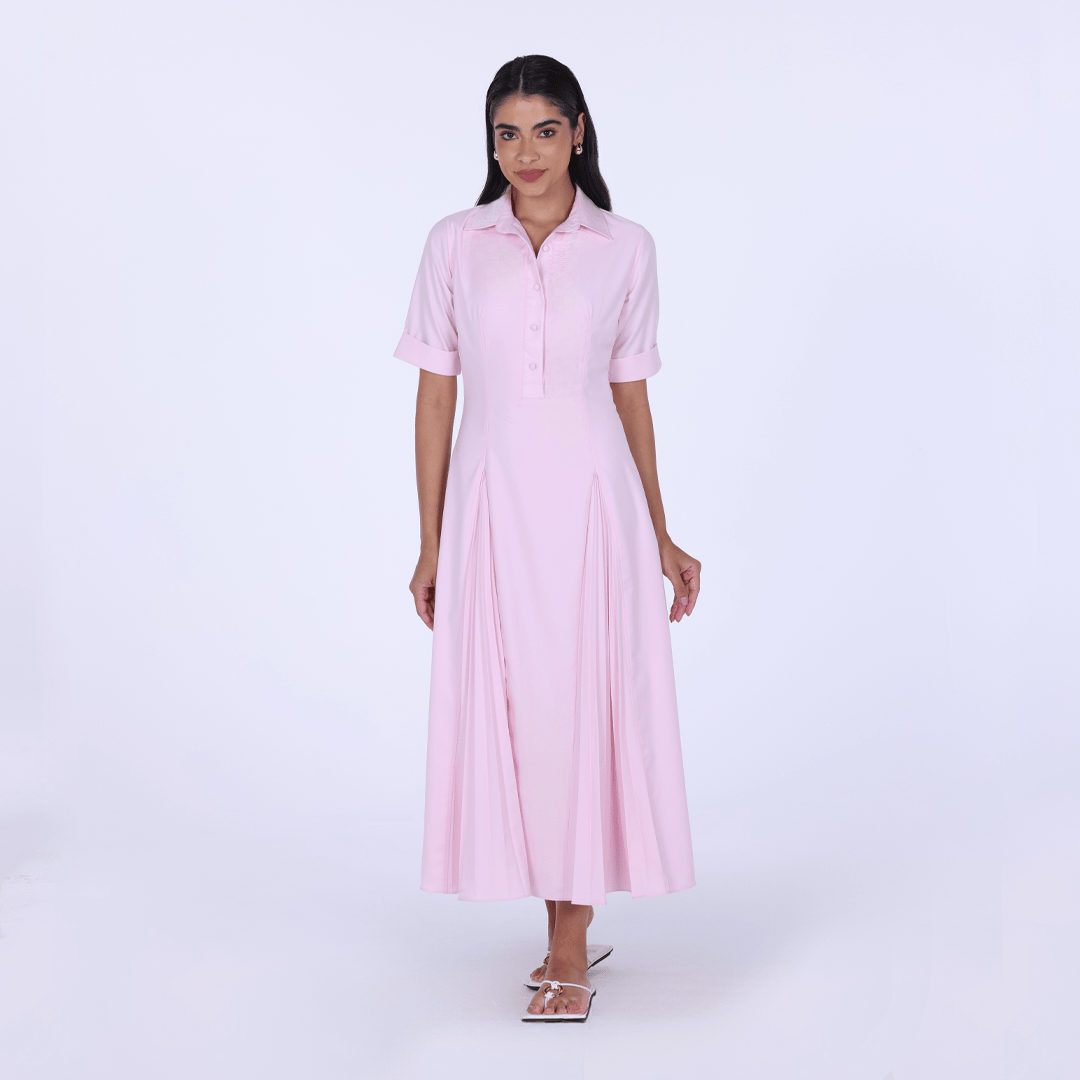 Collared Midi Shirt Dress With Pleats - shopaleena