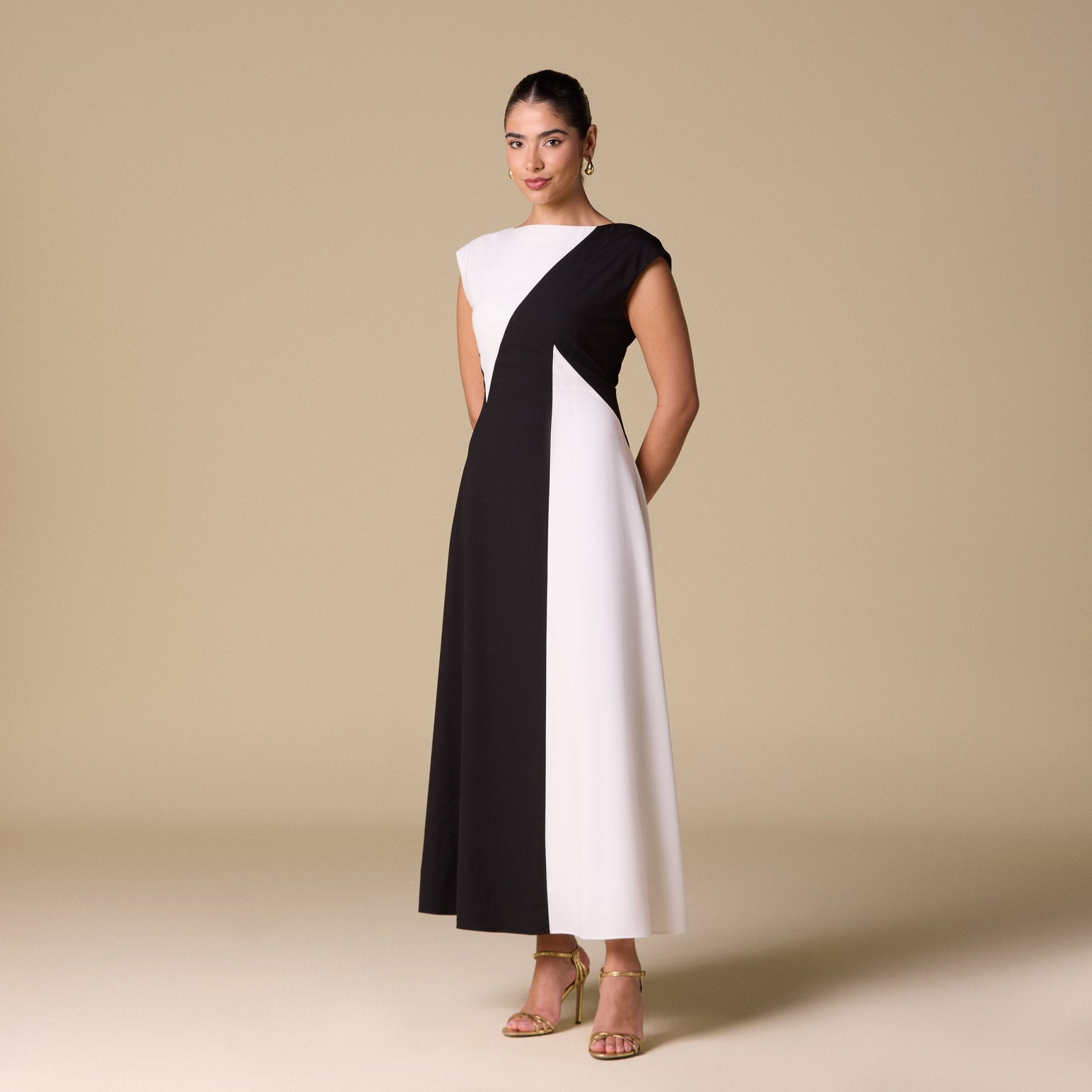 Black & White Color Block A-line Midi Dress – shopaleena