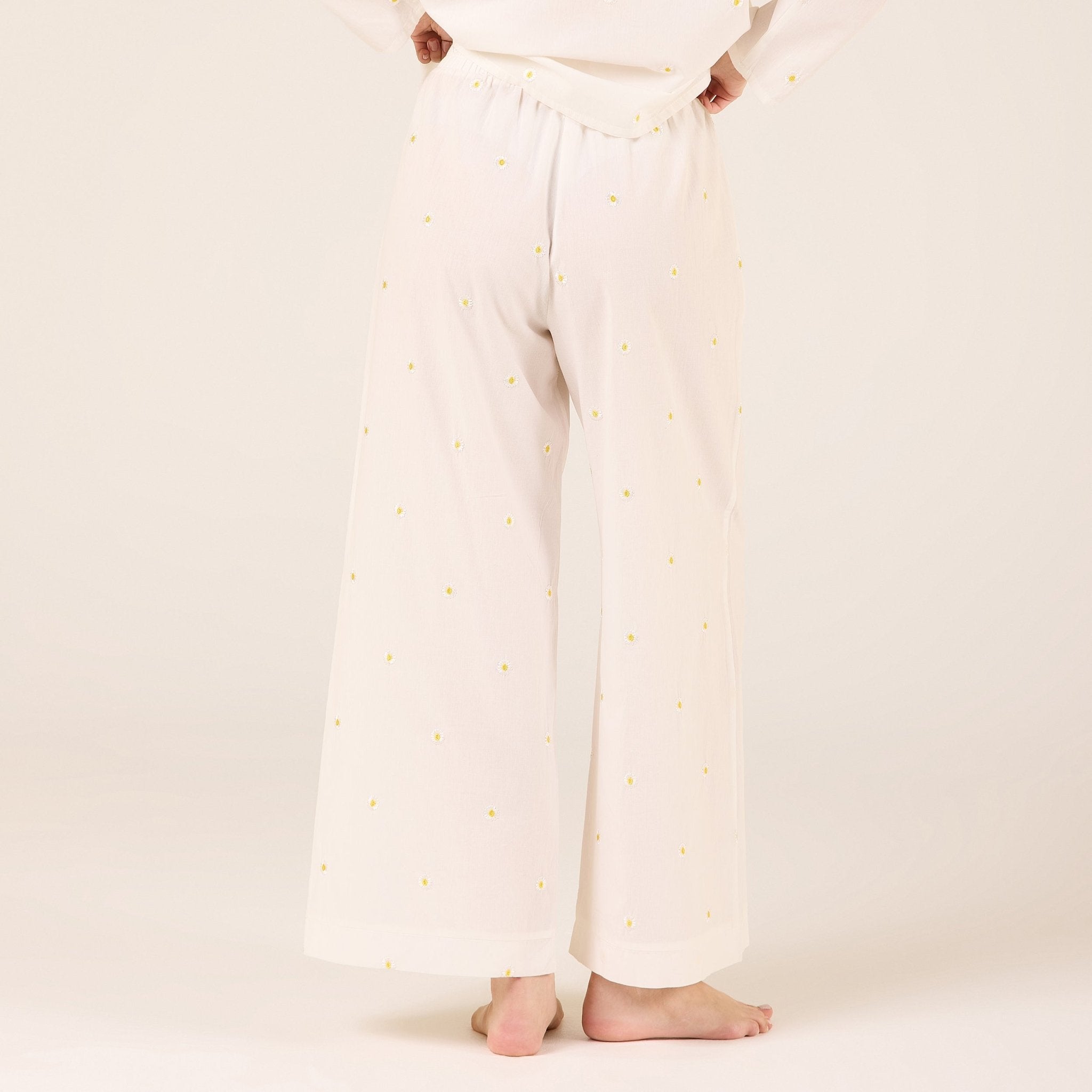Cotton Embroidered Daisy Print Pants - shopaleena