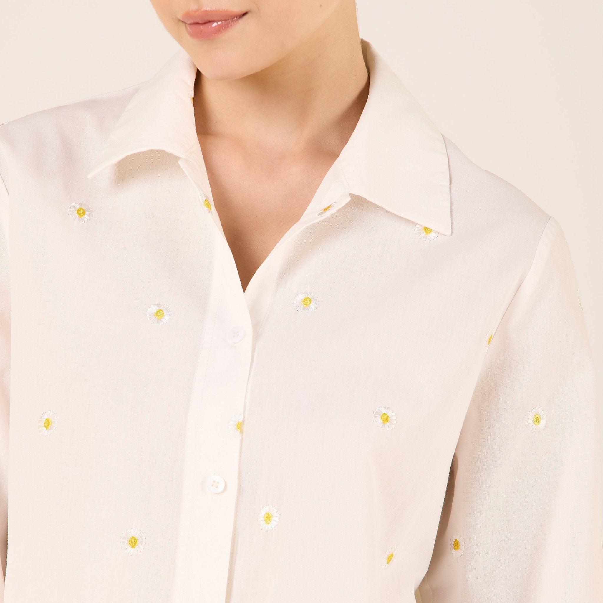 Cotton Embroidered Daisy Print Shirt - shopaleena