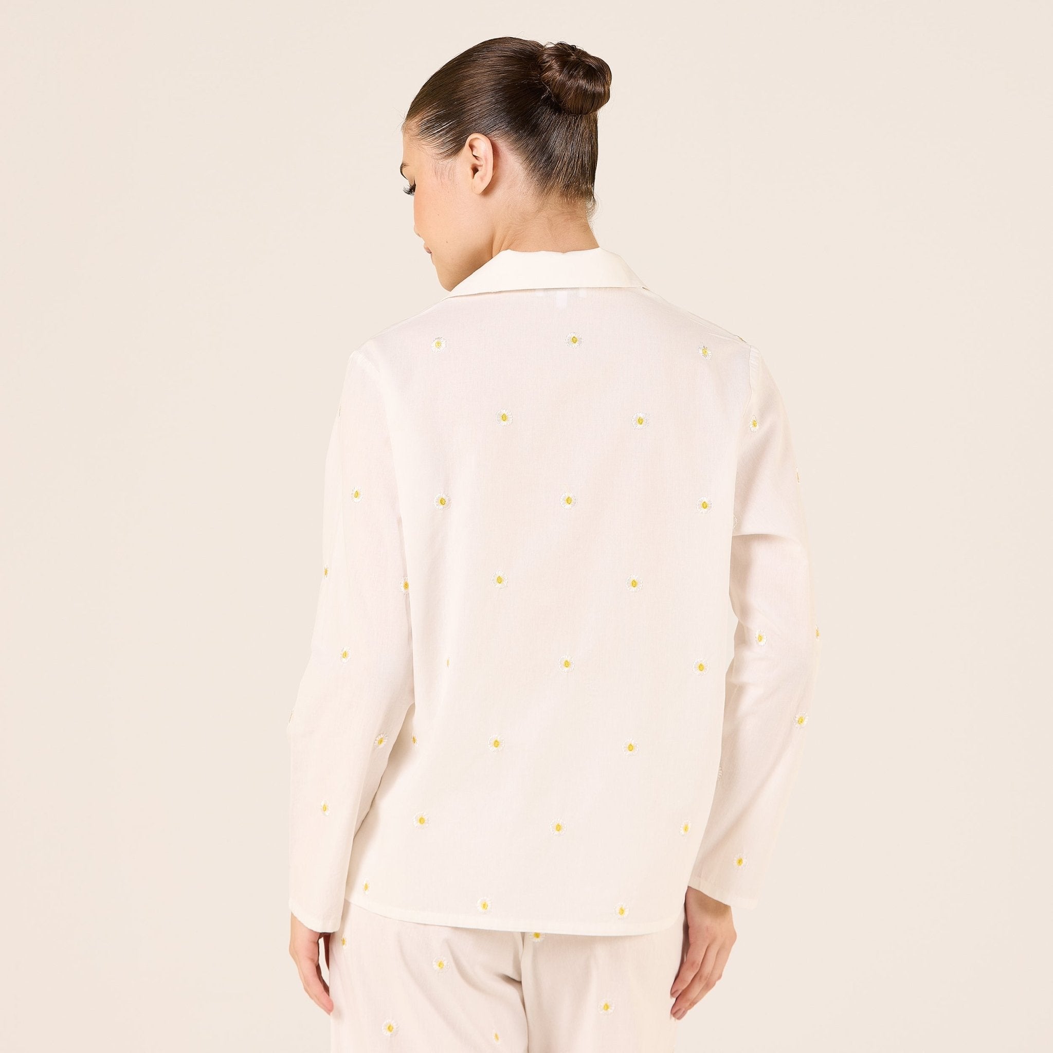 Cotton Embroidered Daisy Print Shirt - shopaleena