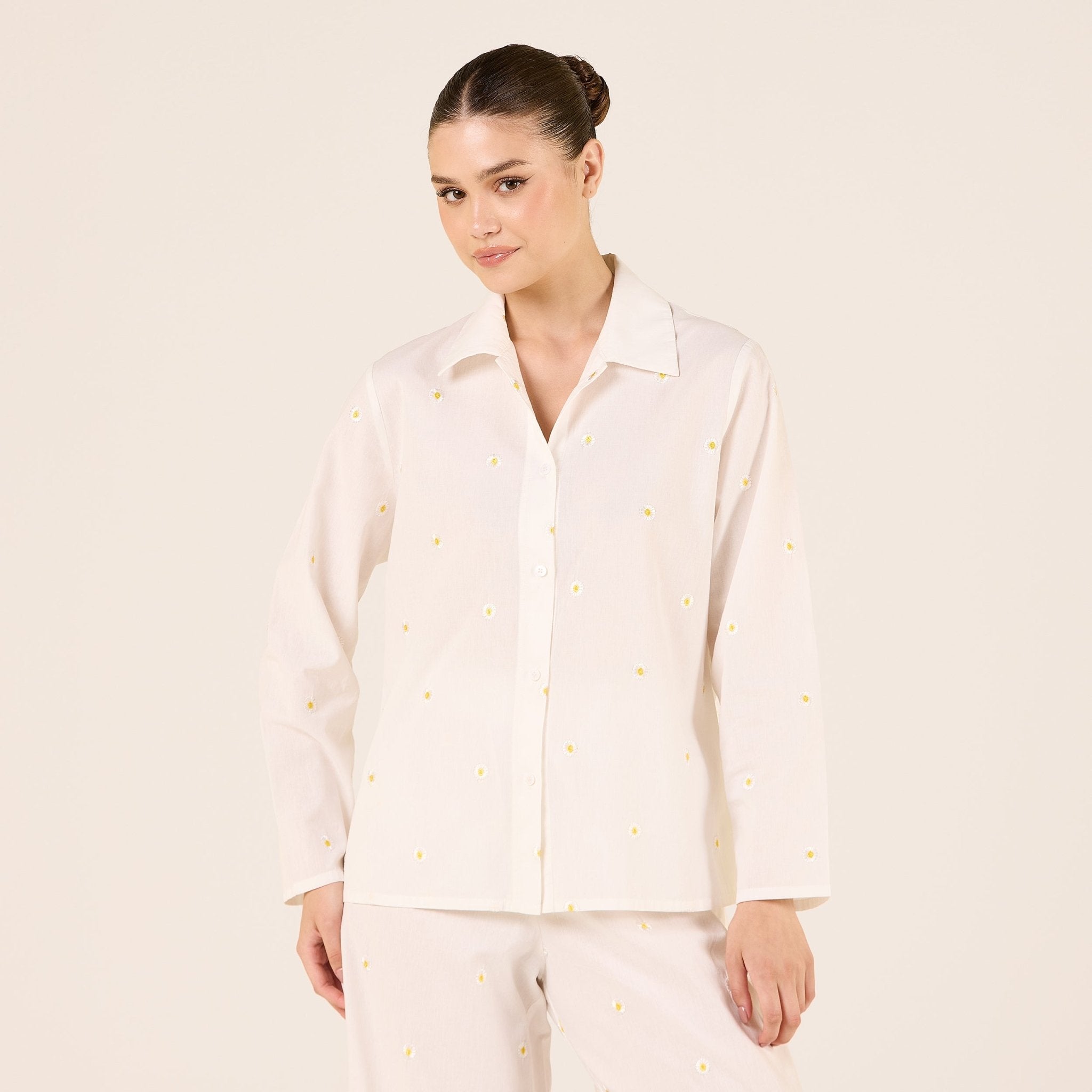 Cotton Embroidered Daisy Print Shirt - shopaleena