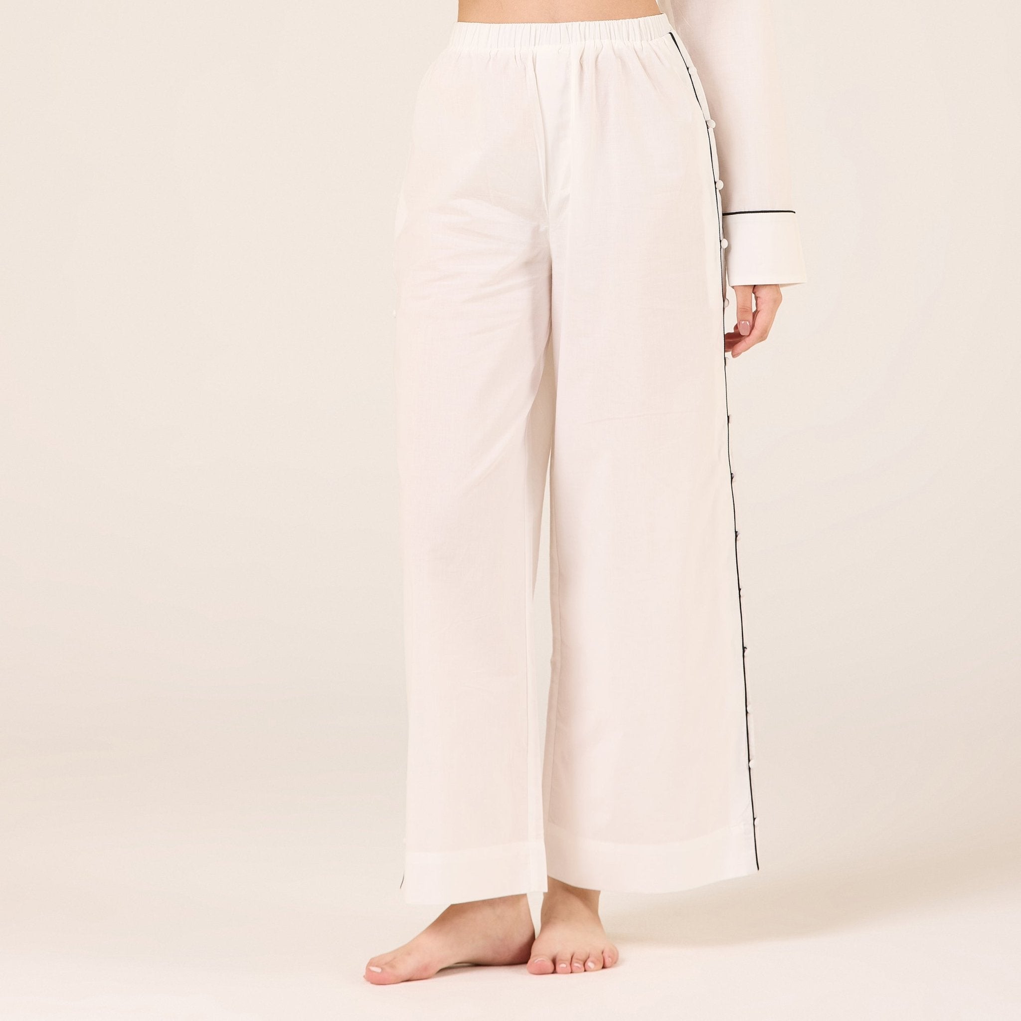 Cotton Side Button Elastic Waist Pants - shopaleena