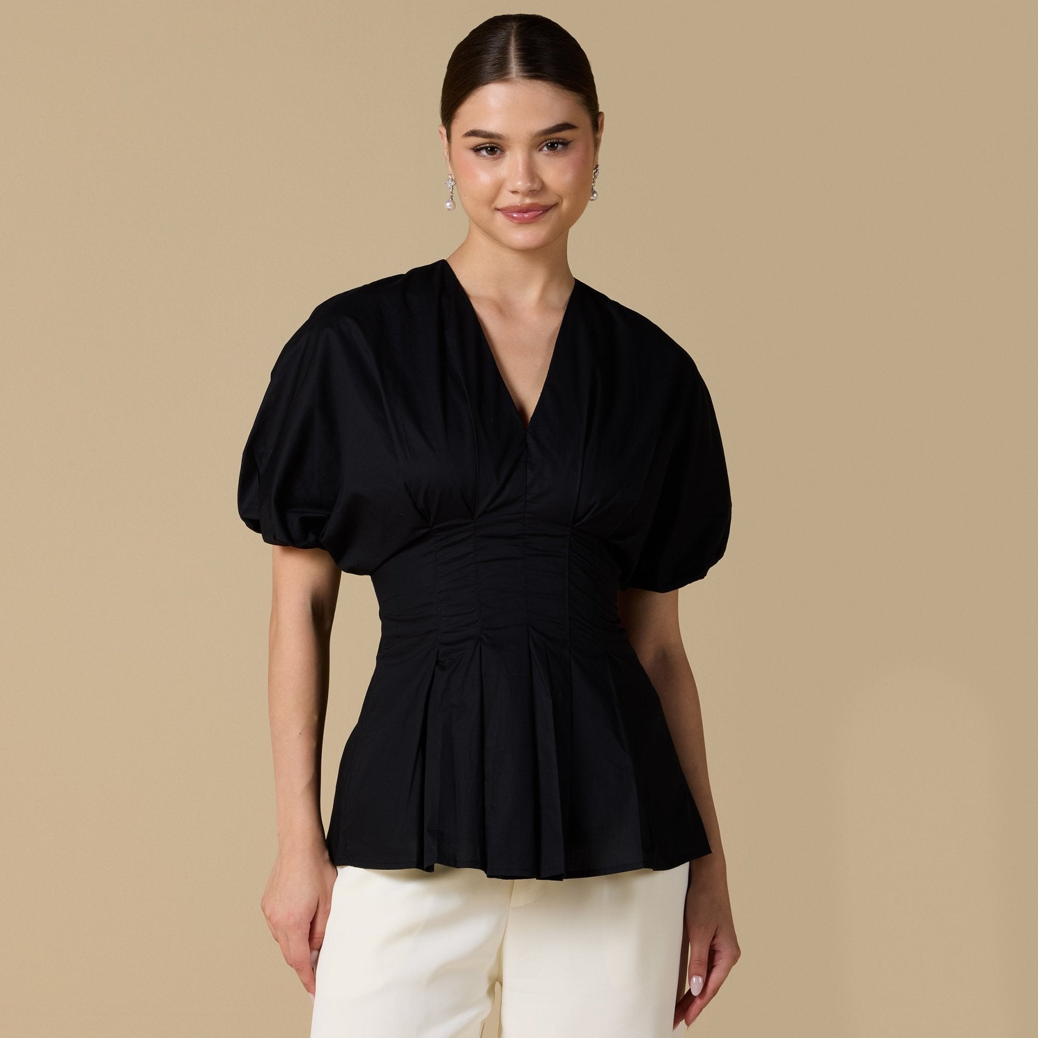 Cotton V - Neck Pleated Top with Short Sleeves - shopaleena