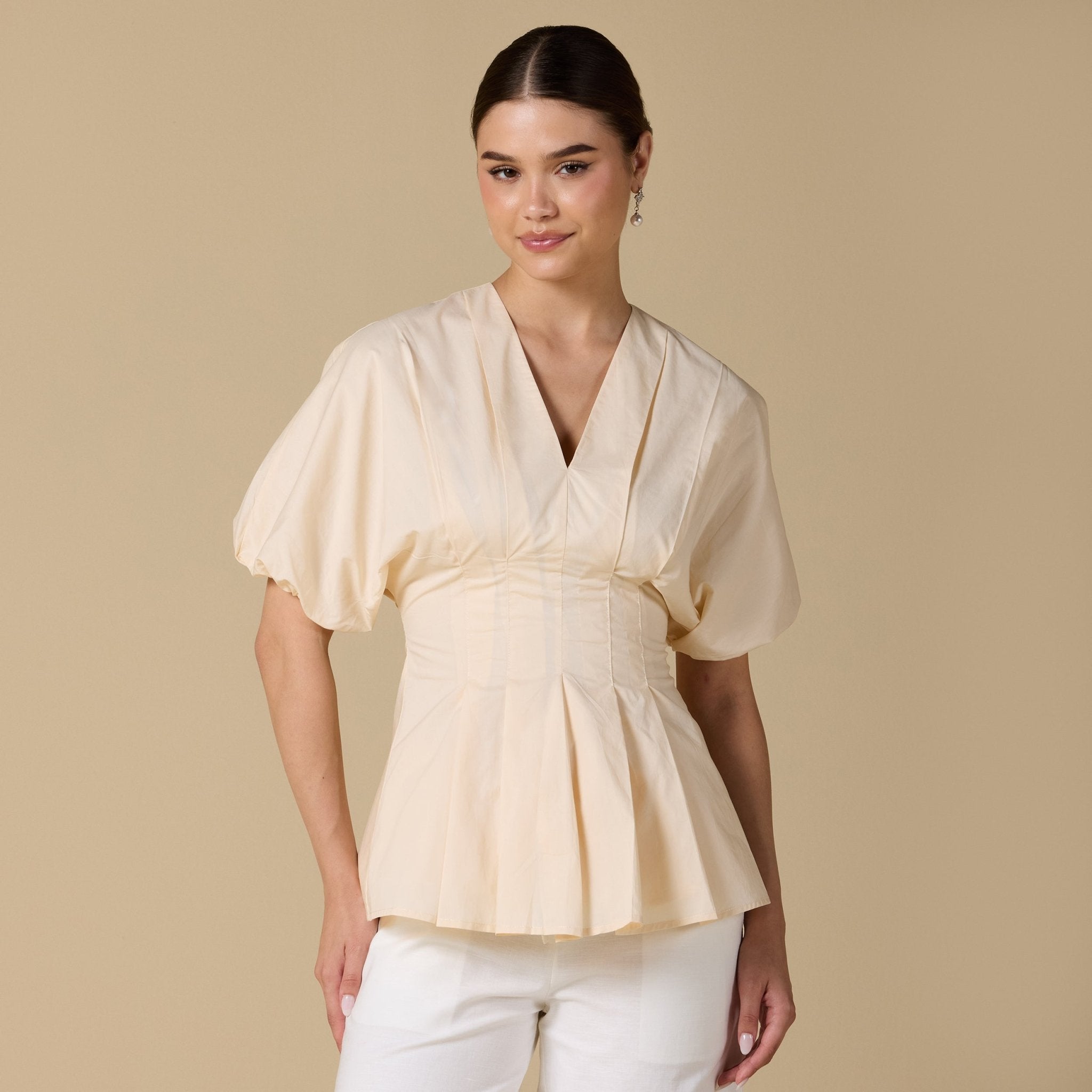 Cotton V - Neck Pleated Top with Short Sleeves - shopaleena
