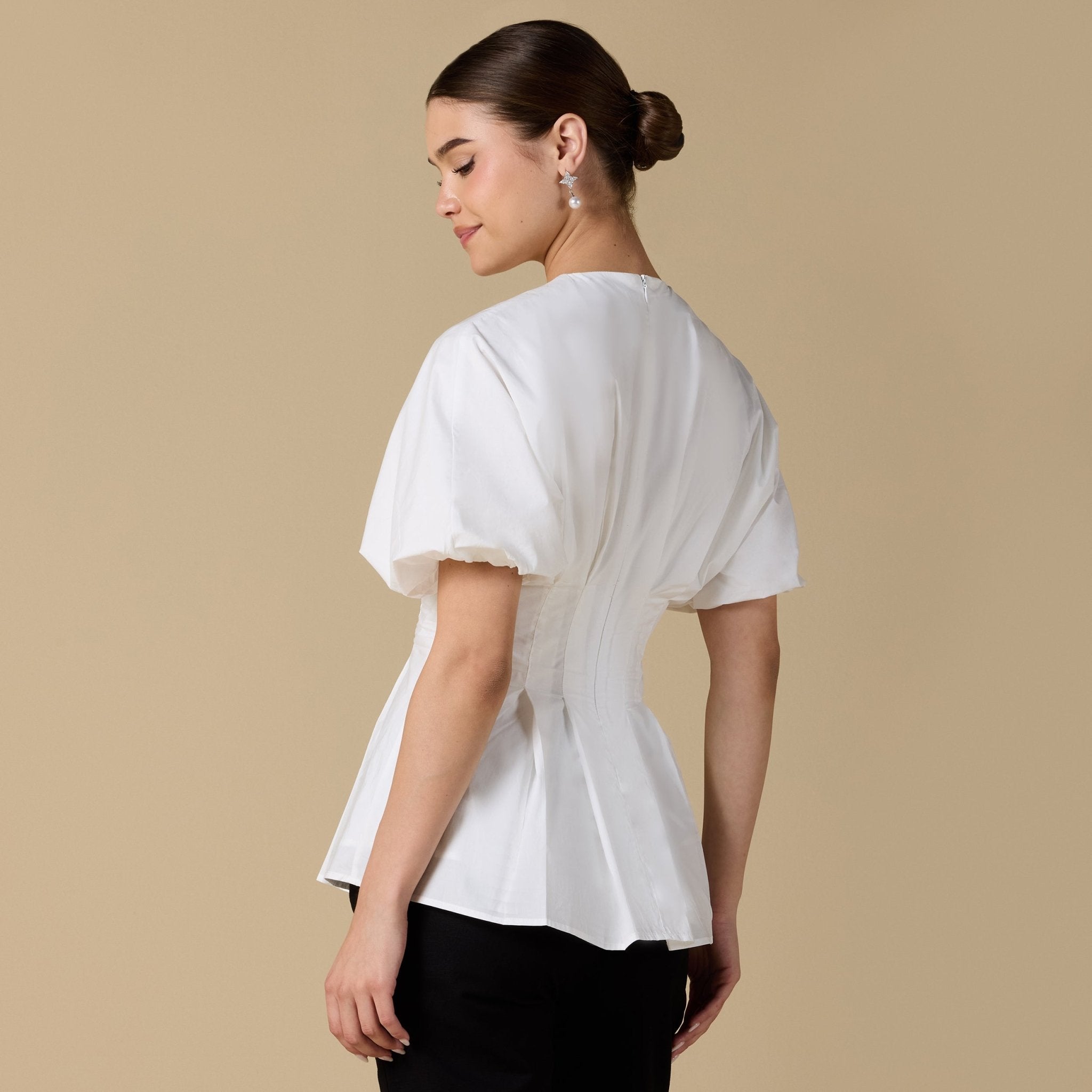 Cotton V - Neck Pleated Top with Short Sleeves - shopaleena