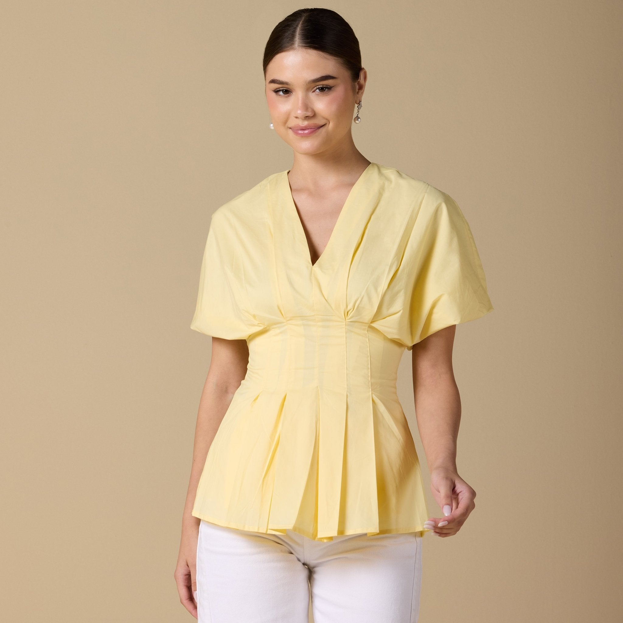Cotton V - Neck Pleated Top with Short Sleeves - shopaleena