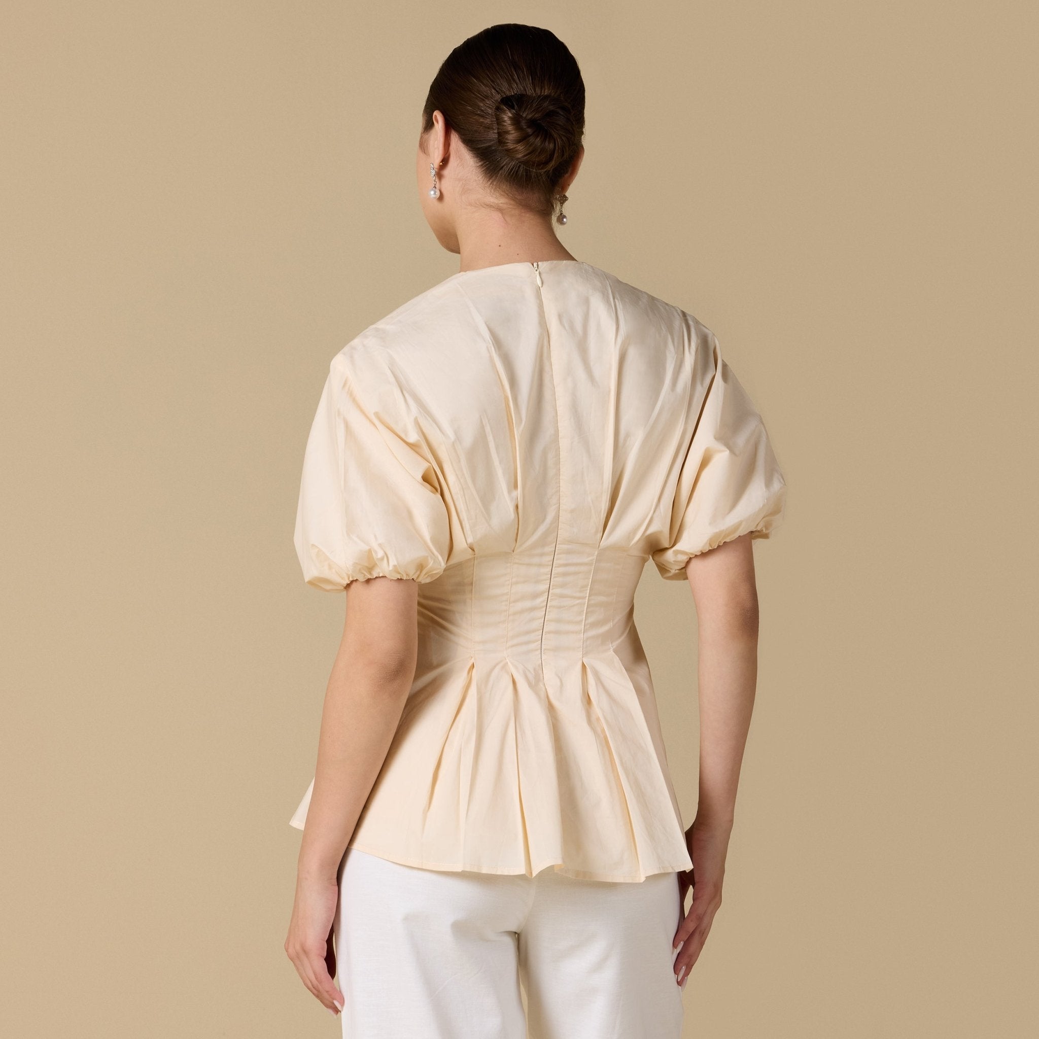 Cotton V - Neck Pleated Top with Short Sleeves - shopaleena