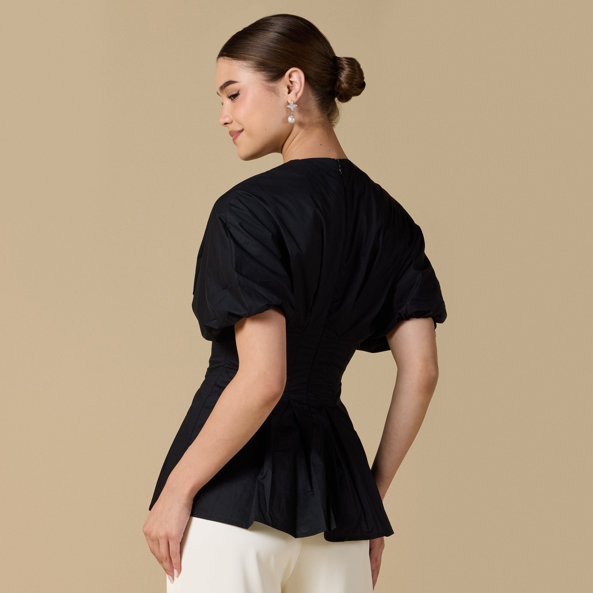 Cotton V - Neck Pleated Top with Short Sleeves - shopaleena