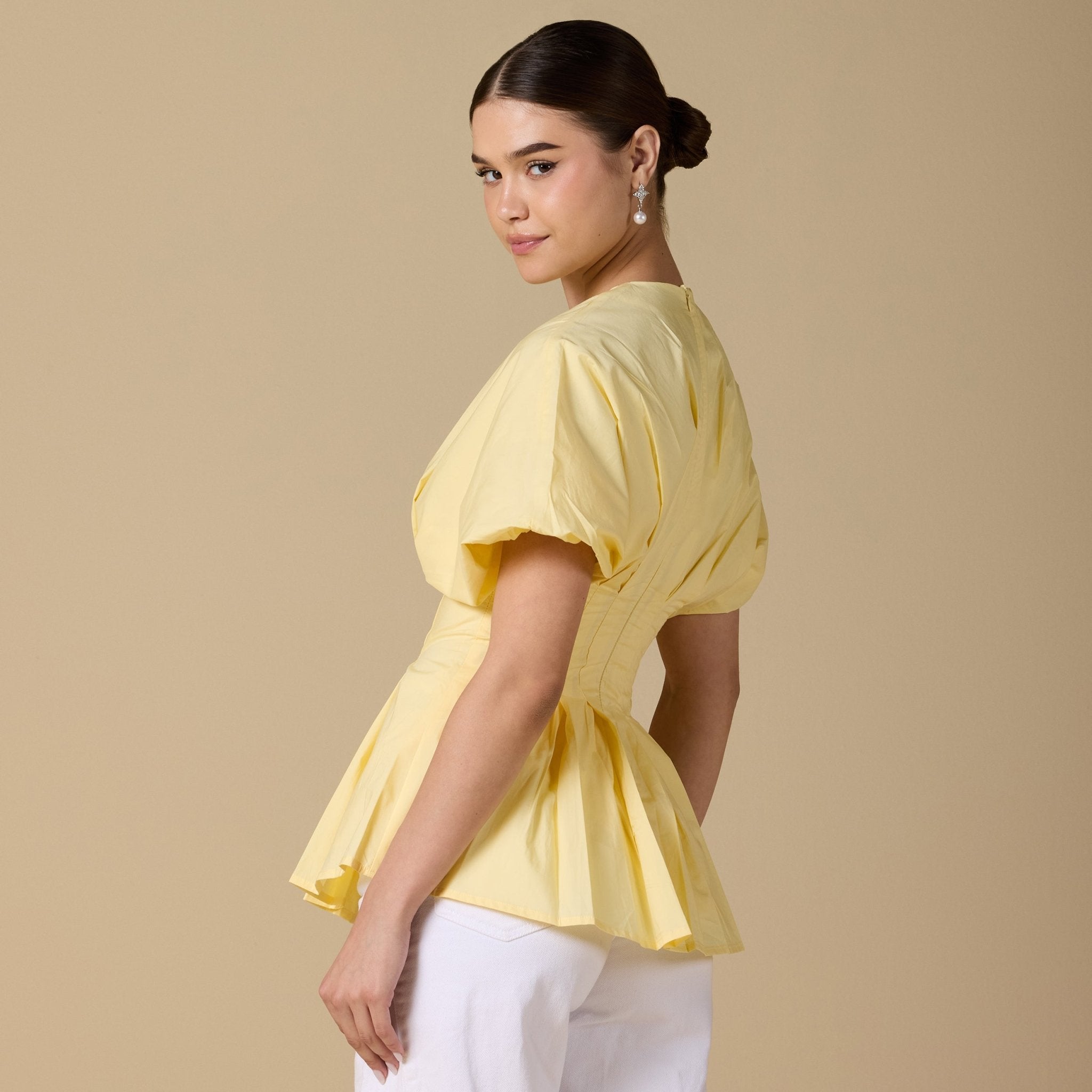 Cotton V - Neck Pleated Top with Short Sleeves - shopaleena