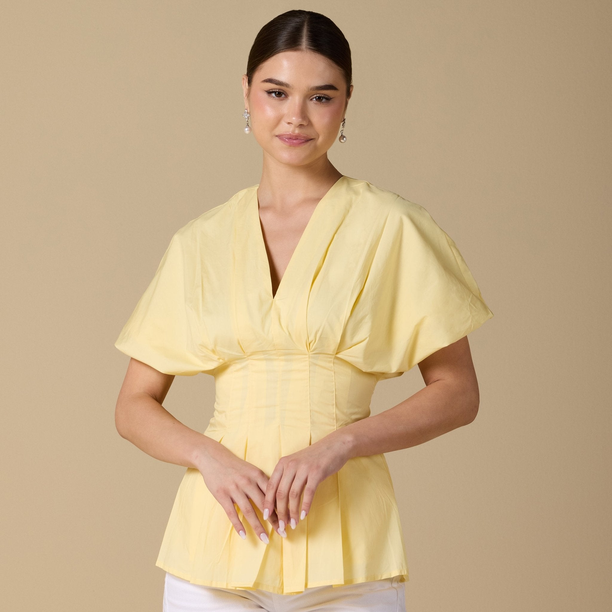 Cotton V - Neck Pleated Top with Short Sleeves - shopaleena