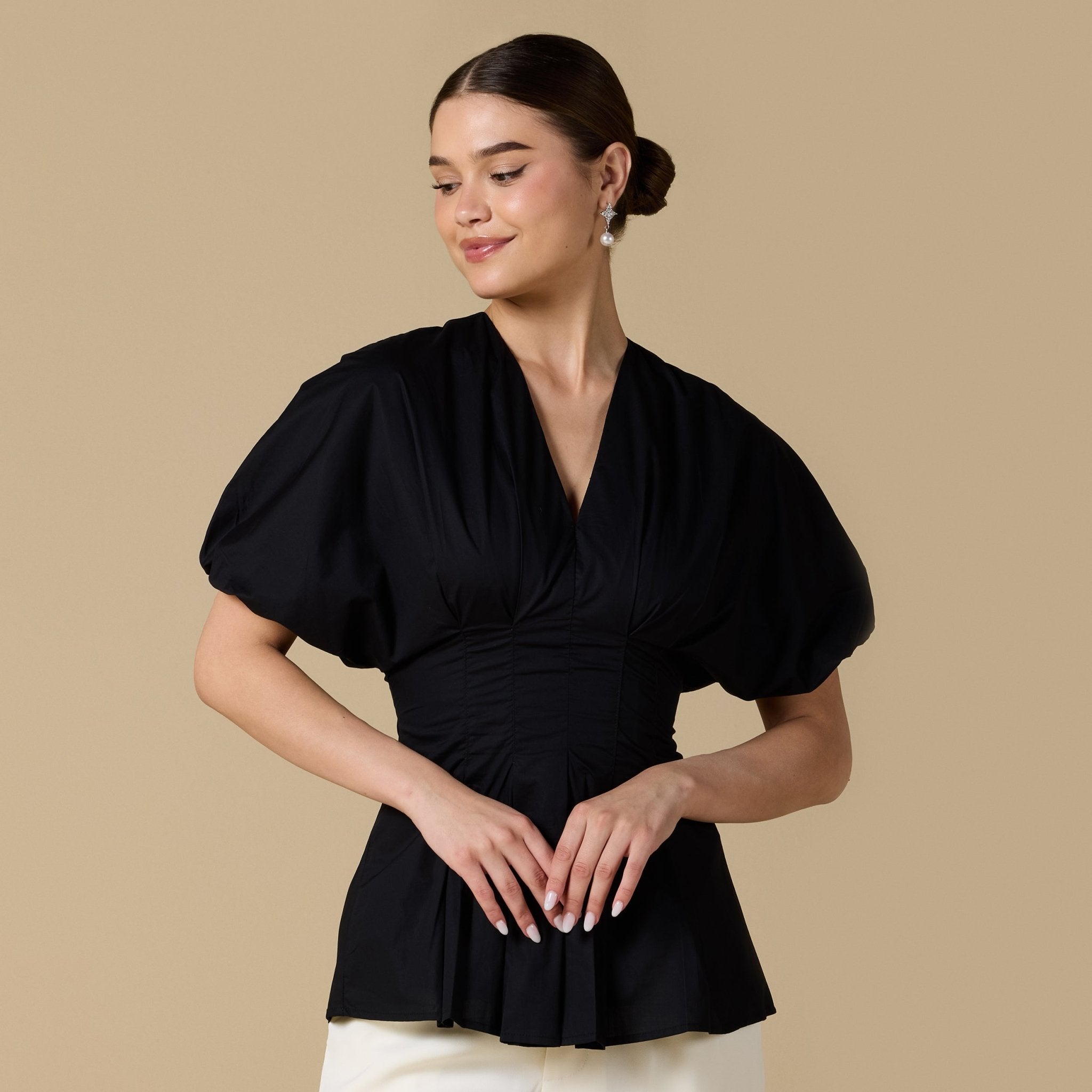 Cotton V - Neck Pleated Top with Short Sleeves - shopaleena