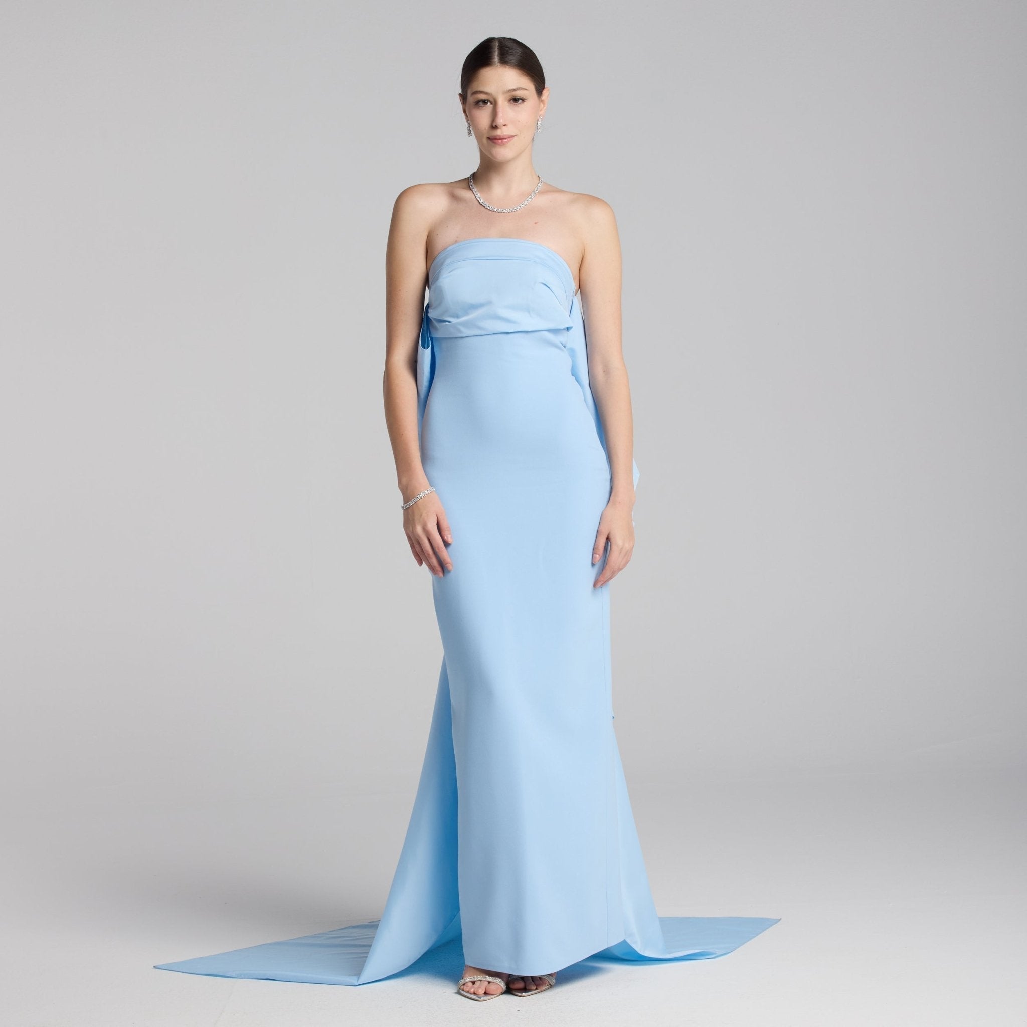 Crepe and Taffeta Strapless Bow Gown - shopaleena