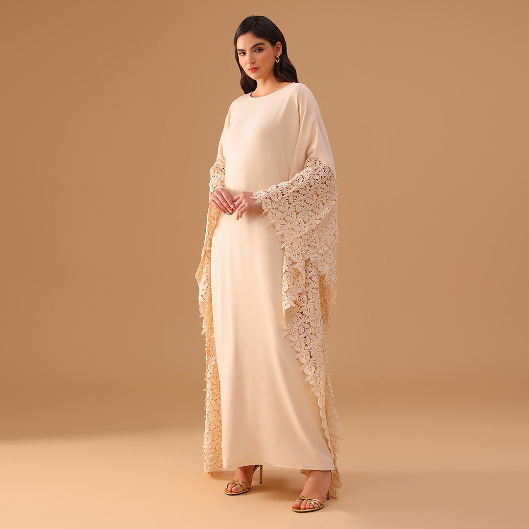 Crepe Kaftan with Lace Embellished Sleeves - shopaleena