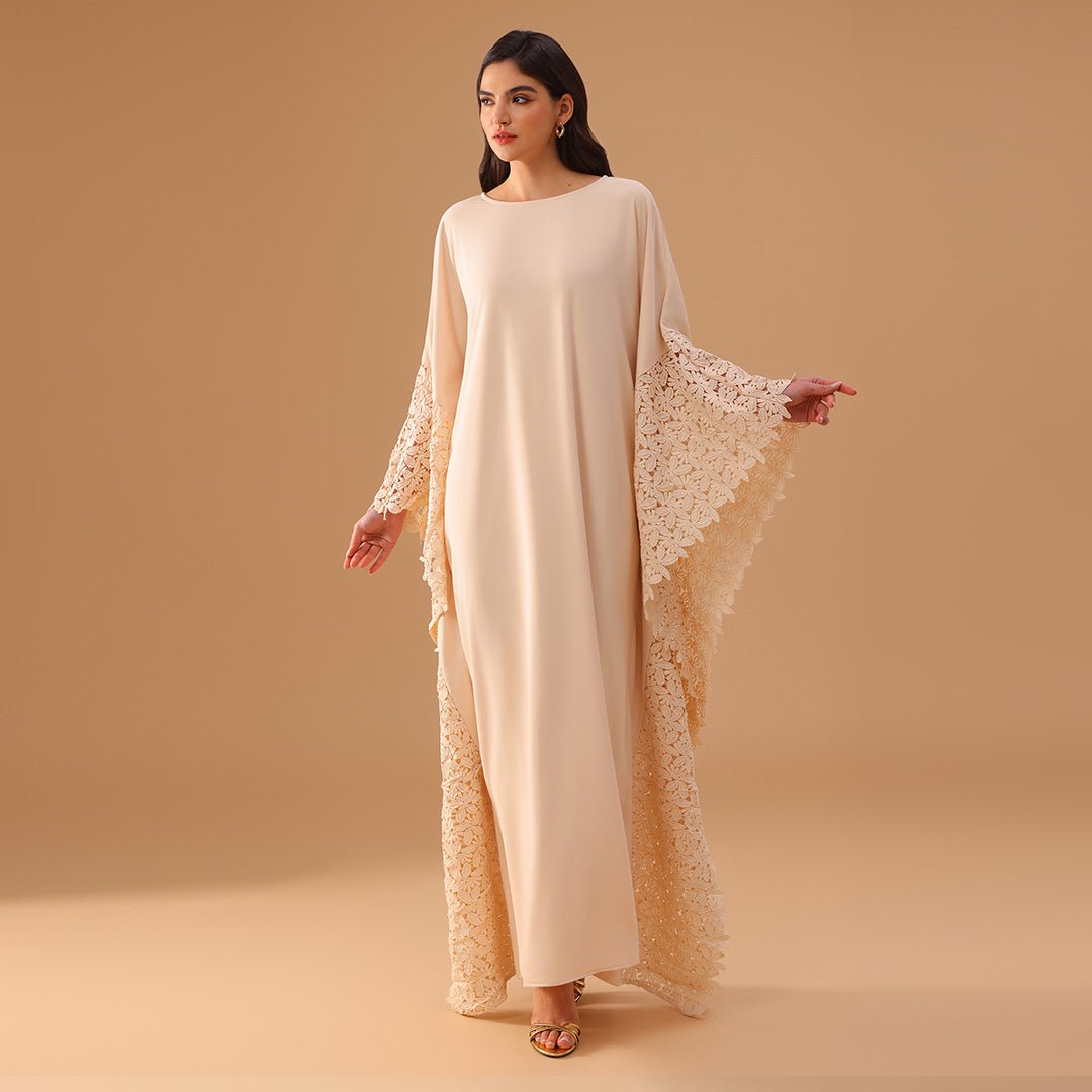 Crepe Kaftan with Lace Embellished Sleeves - shopaleena