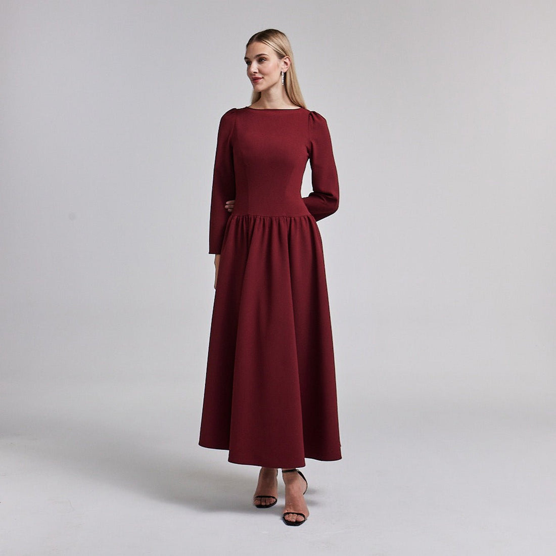 Crepe Long Sleeve A - line Maxi Dress - shopaleena