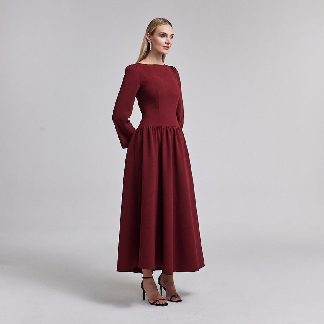 Crepe Long Sleeve A - line Maxi Dress - shopaleena