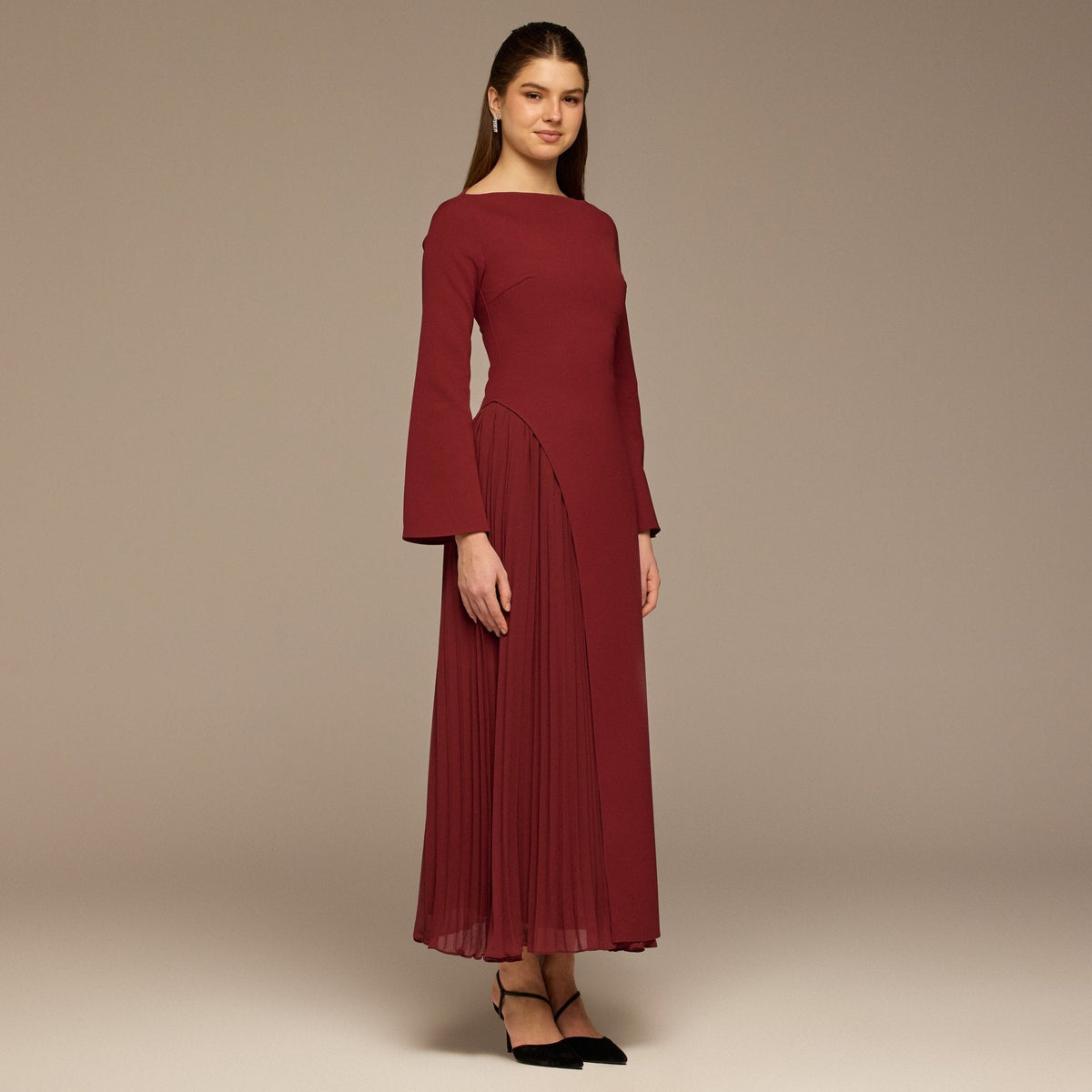 Crepe Maxi Dress with Side Pleated Panel - shopaleena