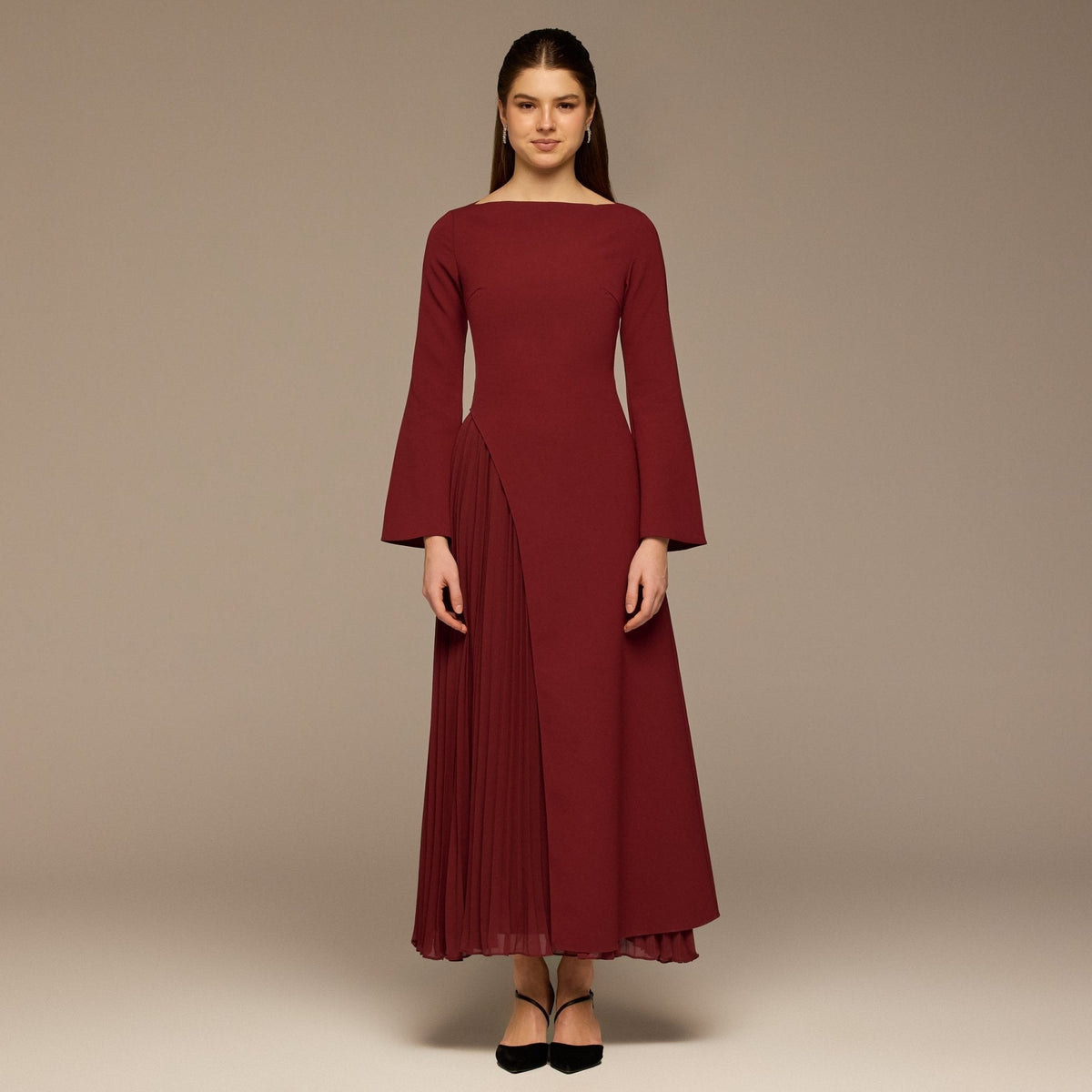Crepe Maxi Dress with Side Pleated Panel - shopaleena
